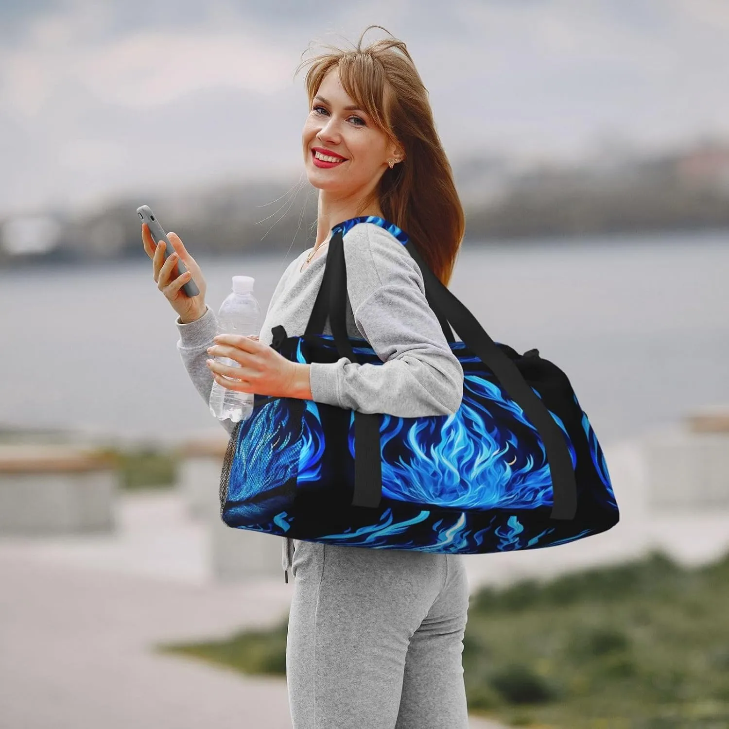 Indigo Flame Print Travel Duffel Bag With Zippers And Handles, Big Foldable Duffle Bag For Family Vacations