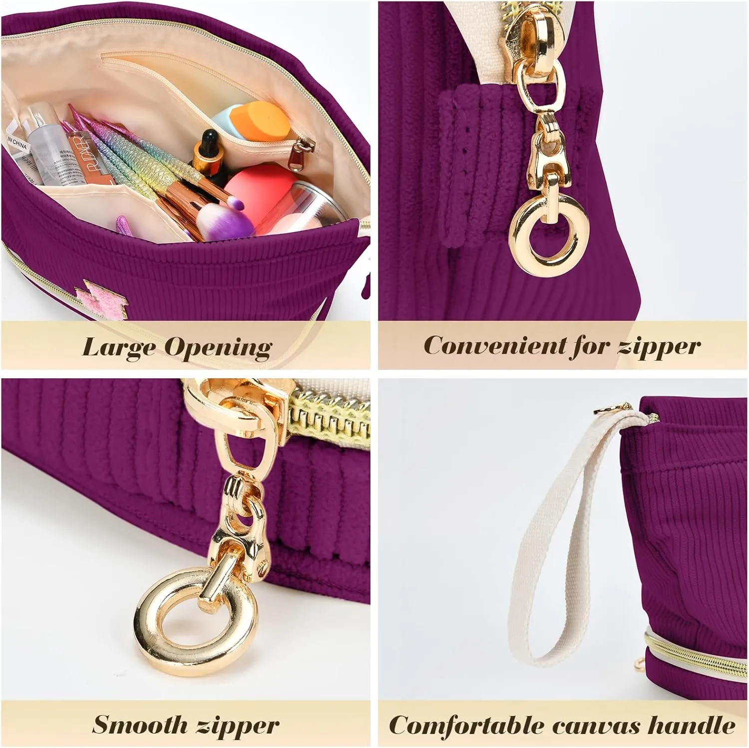 Initial Travel Makeup Bag for Women, Personalized Gift Large Double Layer Make Up Gift Cute Cosmetic Bag for Girl Makeup Pouch Wide-open Roomy Makeup Travel Bags Birthday Gifts for Her Deep Purple - S