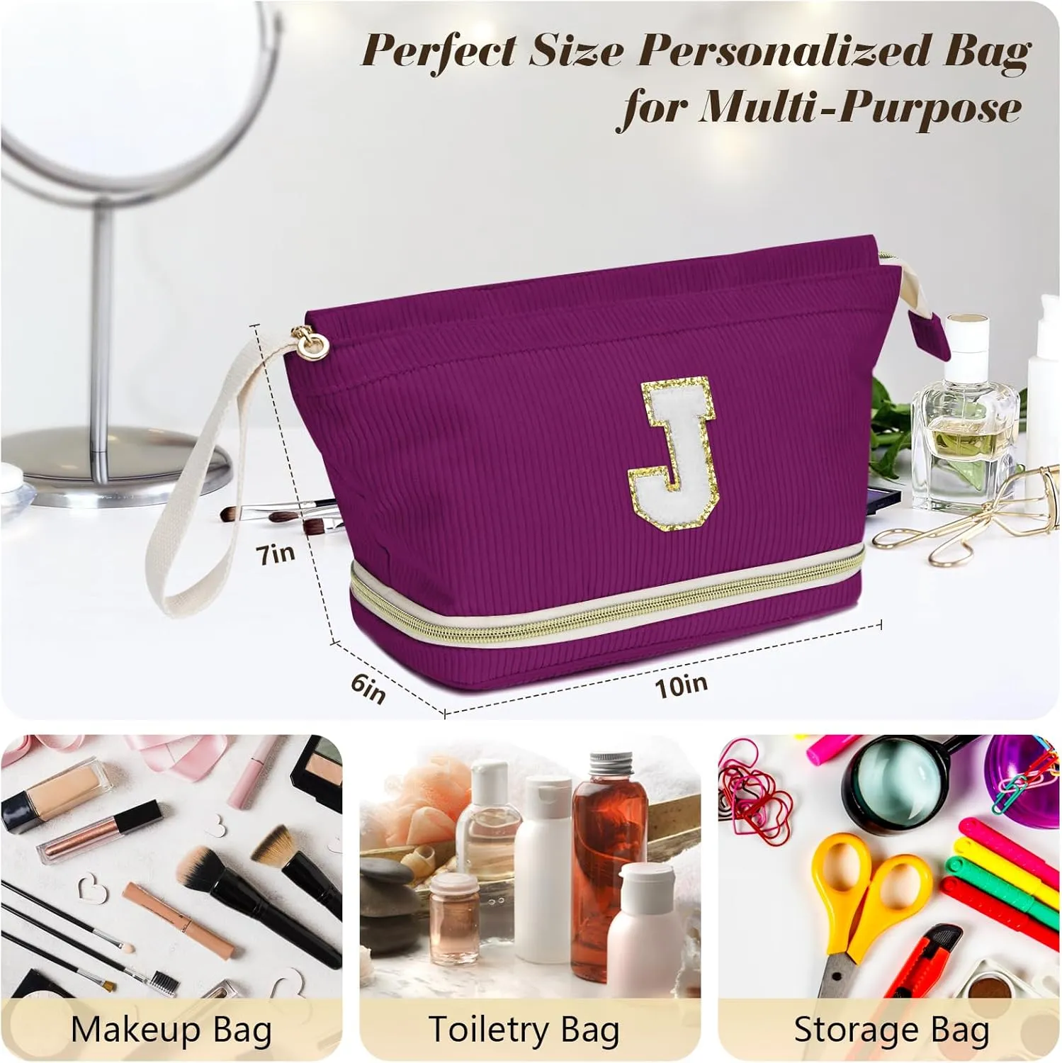 Initial Travel Makeup Bag for Women, Personalized Gift Large Double Layer Make Up Gift Cute Cosmetic Bag for Girl Makeup Pouch Wide-open Roomy Makeup Travel Bags Birthday Gifts for Her Deep Purple - S