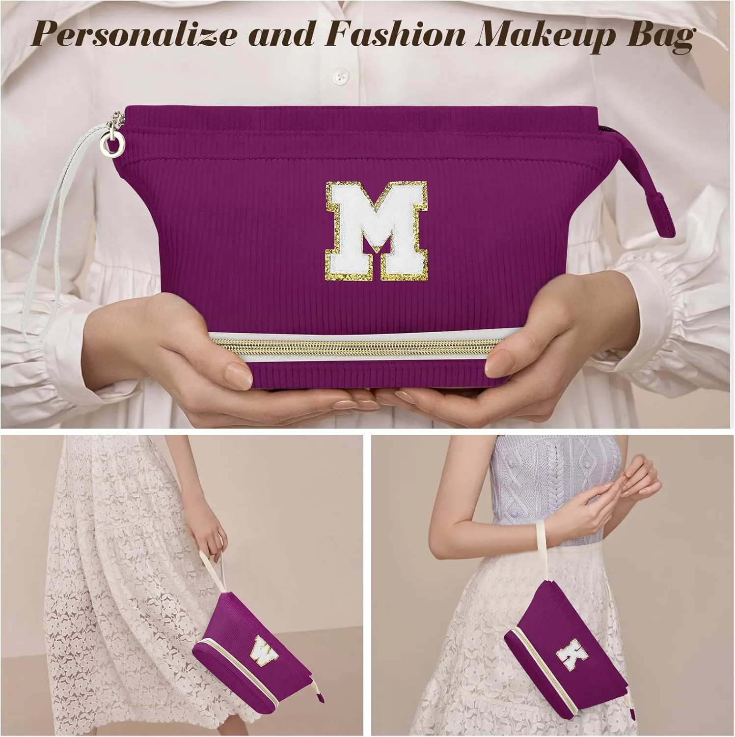 Initial Travel Makeup Bag for Women, Personalized Gift Large Double Layer Make Up Gift Cute Cosmetic Bag for Girl Makeup Pouch Wide-open Roomy Makeup Travel Bags Birthday Gifts for Her Deep Purple - S