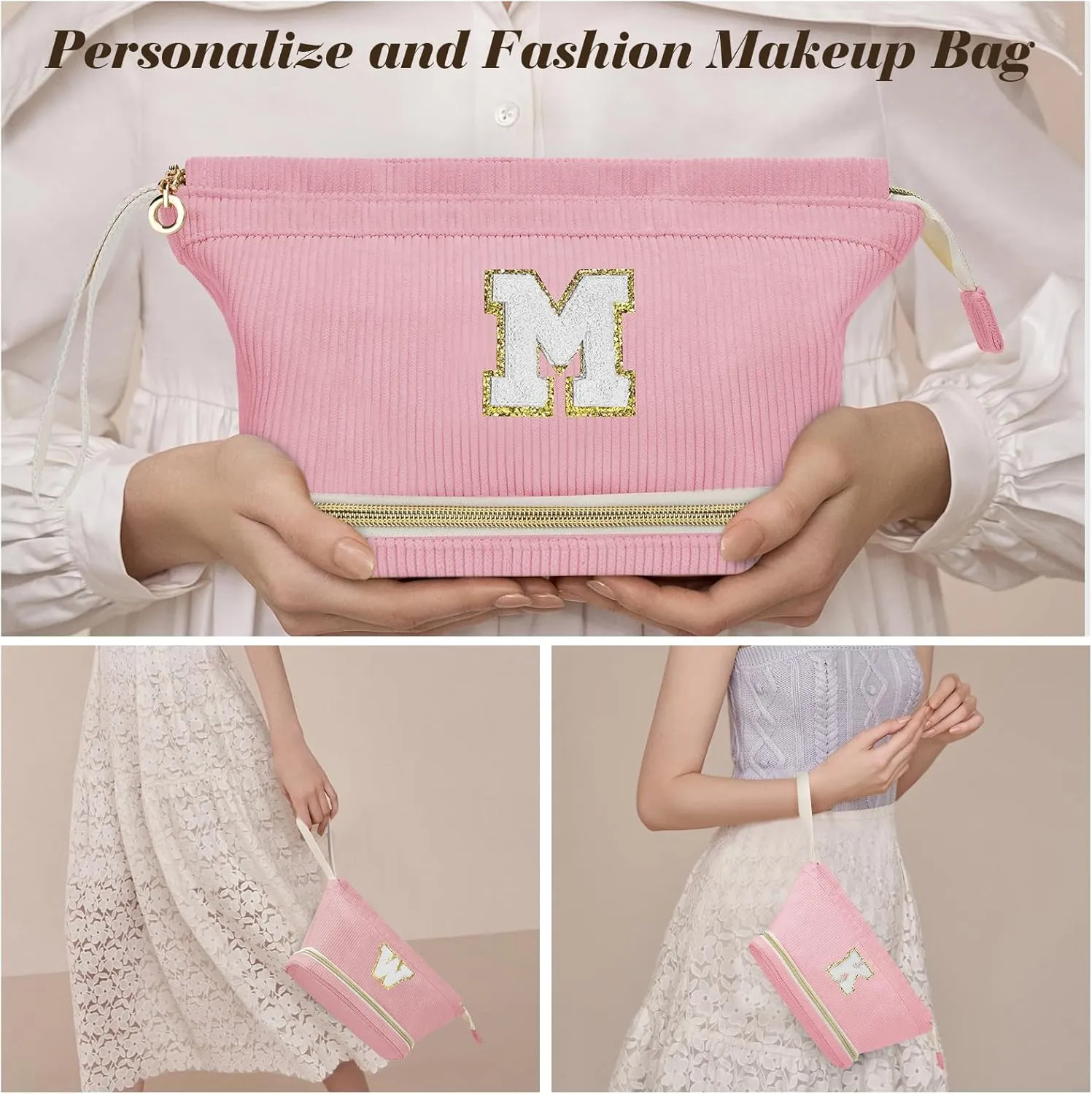Initial Travel Makeup Bag for Women, Personalized Gift Large Double Layer Make Up Gift Cute Cosmetic Bag for Girl Makeup Pouch Wide-open Roomy Makeup Travel Bags Birthday Gifts for Her Pink - M