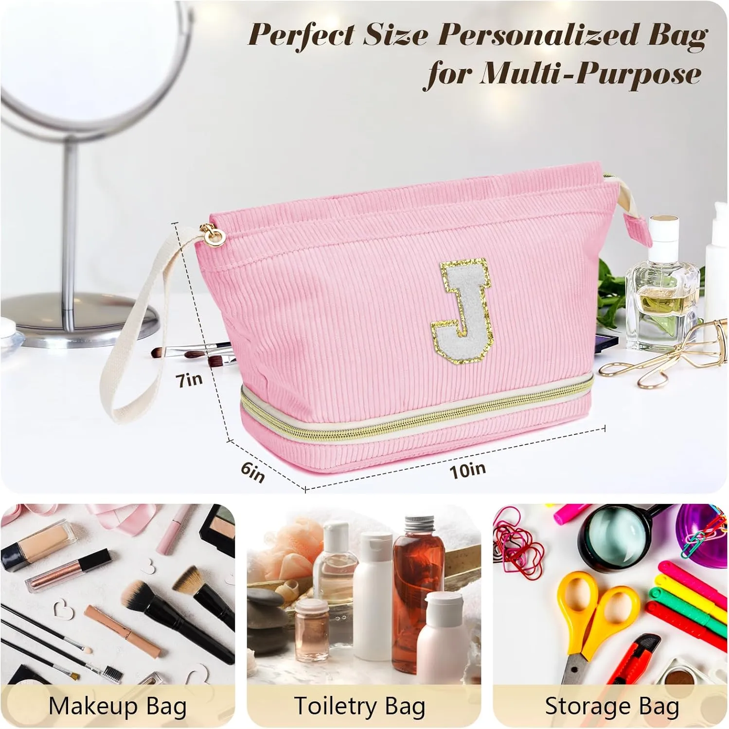 Initial Travel Makeup Bag for Women, Personalized Gift Large Double Layer Make Up Gift Cute Cosmetic Bag for Girl Makeup Pouch Wide-open Roomy Makeup Travel Bags Birthday Gifts for Her Pink - M