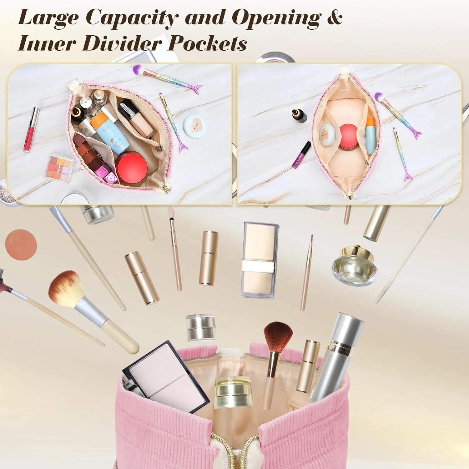 Initial Travel Makeup Bag for Women, Personalized Gift Large Double Layer Make Up Gift Cute Cosmetic Bag for Girl Makeup Pouch Wide-open Roomy Makeup Travel Bags Birthday Gifts for Her Pink - M