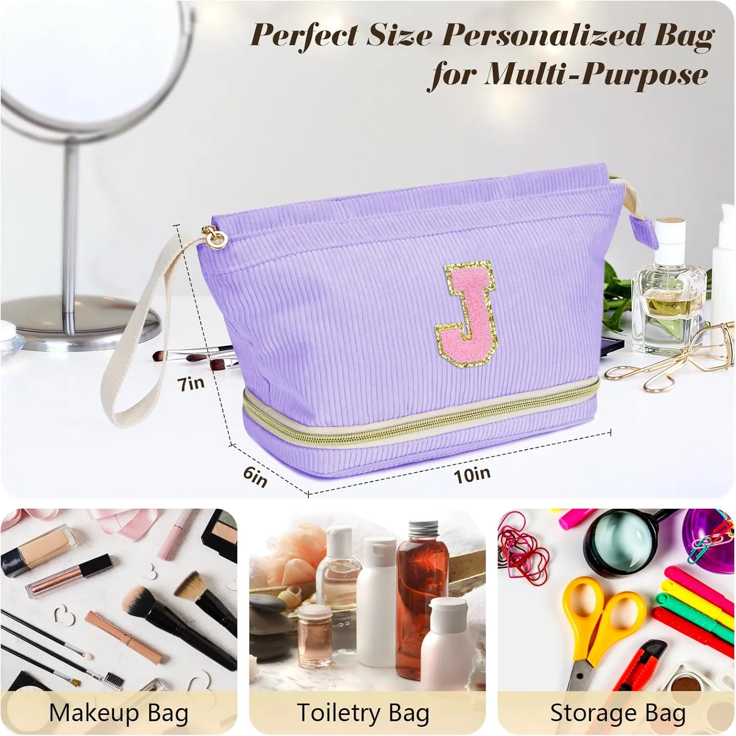 Initial Travel Makeup Bag for Women, Personalized Gift Large Double Layer Make Up Gift Cute Cosmetic Bag for Girl Makeup Pouch Wide-open Roomy Makeup Travel Bags Birthday Gifts for Her Purple - M