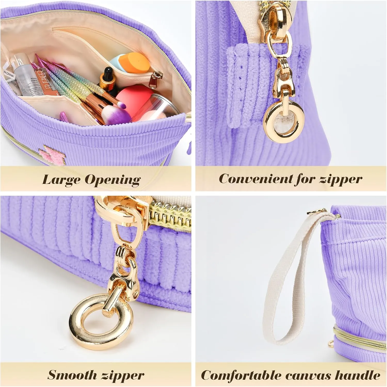 Initial Travel Makeup Bag for Women, Personalized Gift Large Double Layer Make Up Gift Cute Cosmetic Bag for Girl Makeup Pouch Wide-open Roomy Makeup Travel Bags Birthday Gifts for Her Purple - M