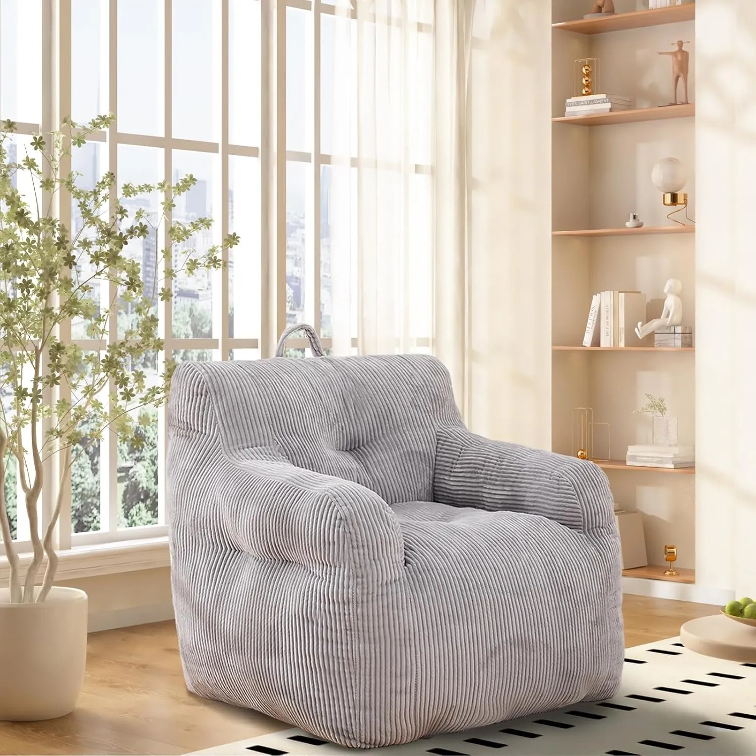 INMOZATA Bean Bag Chair, Corduroy Tufted Bean Bag Couch, Living Room Furniture Bean Bag Chair for Adults Kids, Comfy Lazy Sofa Accent Chair with Armrest for Reading, Stuffed with Filler(Grey)