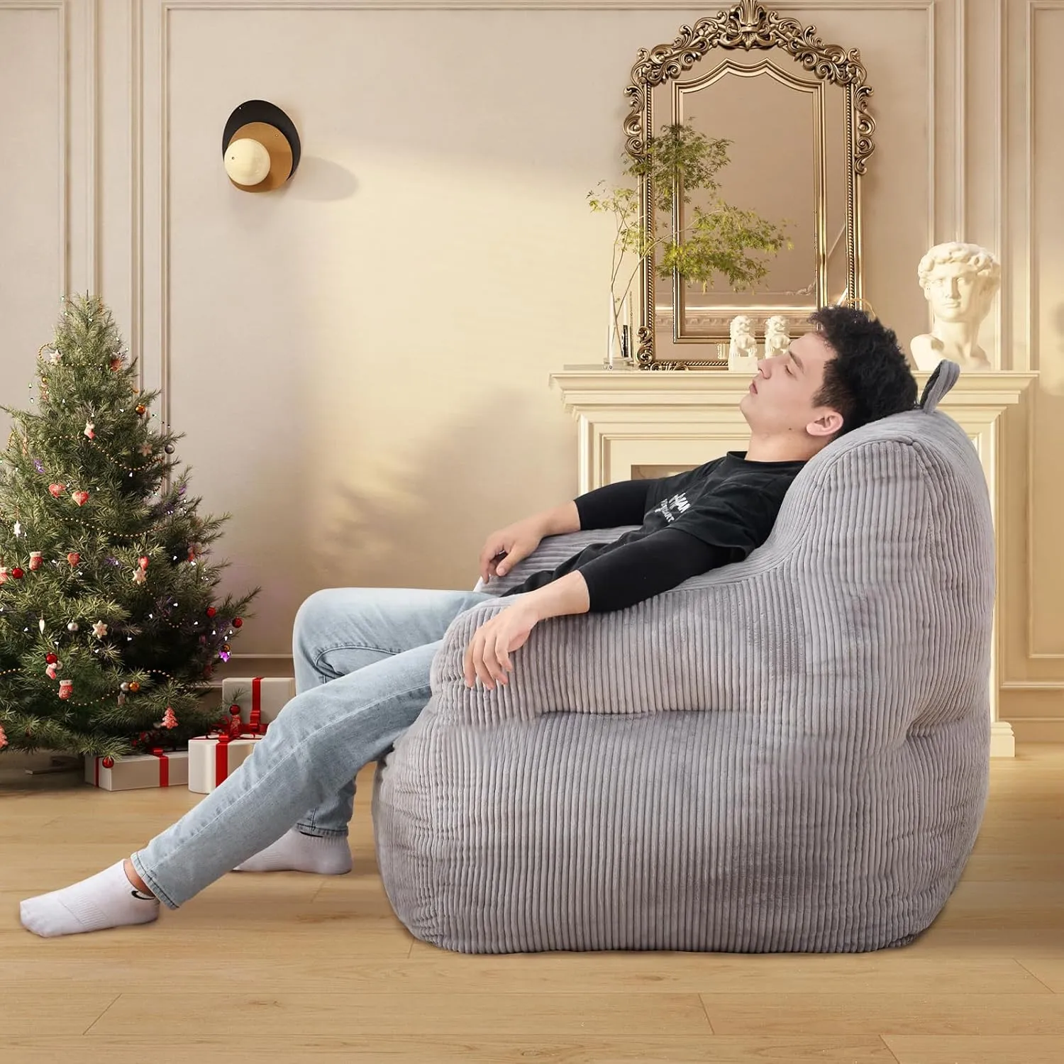 INMOZATA Bean Bag Chair, Corduroy Tufted Bean Bag Couch, Living Room Furniture Bean Bag Chair for Adults Kids, Comfy Lazy Sofa Accent Chair with Armrest for Reading, Stuffed with Filler(Grey)
