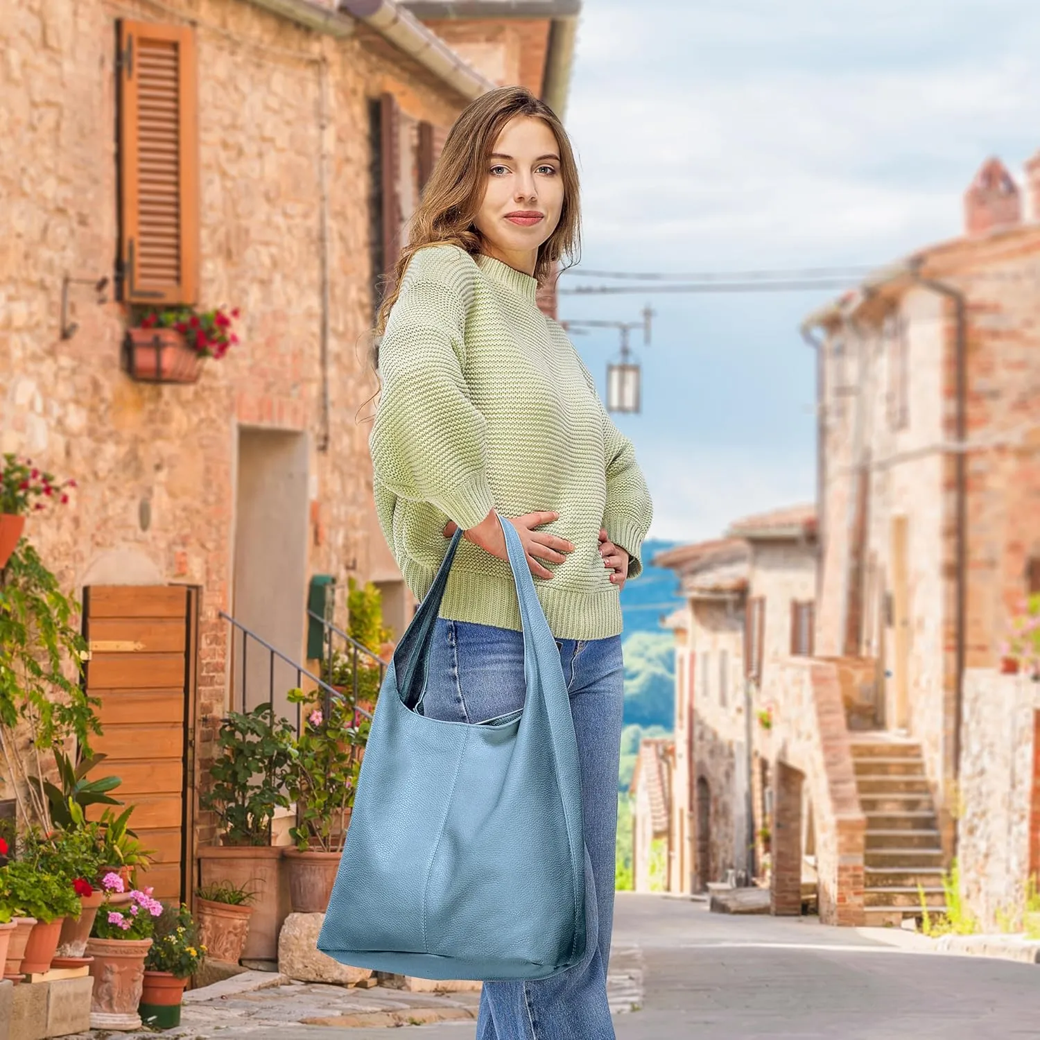Italian Genuine Calf Leather Hobo Bag for Women with Zipper | Large Soft Slouchy Unlined Shoulder Handbag Tote Bucket Purse