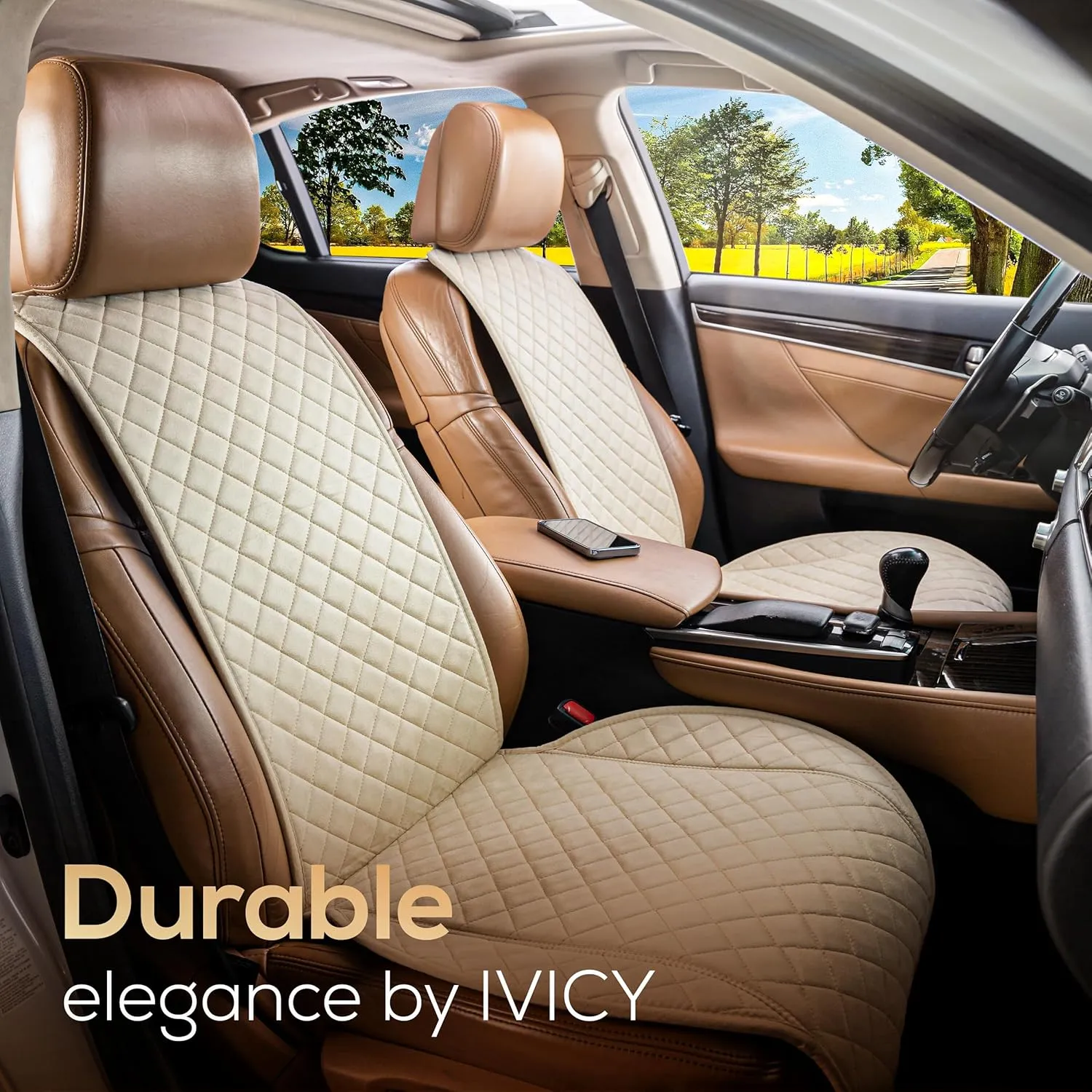 IVICY Suede Car Seat Cover for Cars - Non-Slip Soft & Breathable - Front Car Seat Protector Covers Universal Fits Most Automotive, Vans, SUVs, Trucks - 1 Unit - Beige