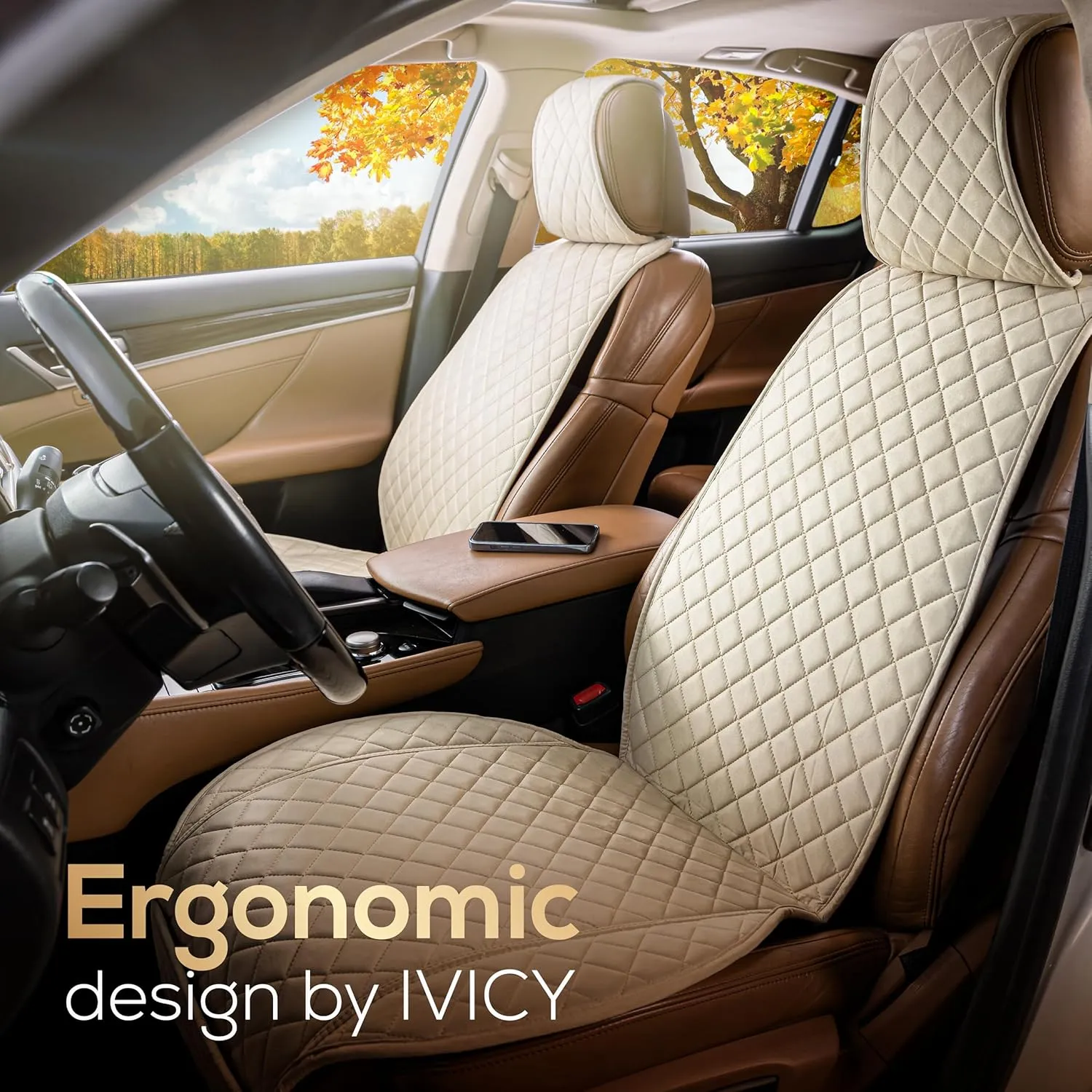 IVICY Suede Car Seat Cover for Cars - Non-Slip Soft & Breathable - Front Car Seat Protector Covers Universal Fits Most Automotive, Vans, SUVs, Trucks - 1 Unit - Beige
