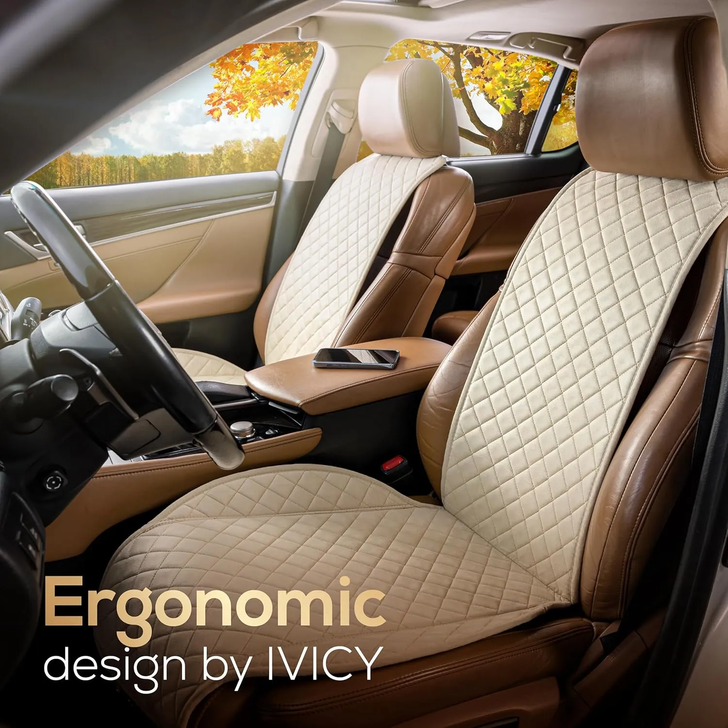 IVICY Suede Car Seat Cover for Cars - Non-Slip Soft & Breathable - Front Car Seat Protector Covers Universal Fits Most Automotive, Vans, SUVs, Trucks - 1 Unit - Beige
