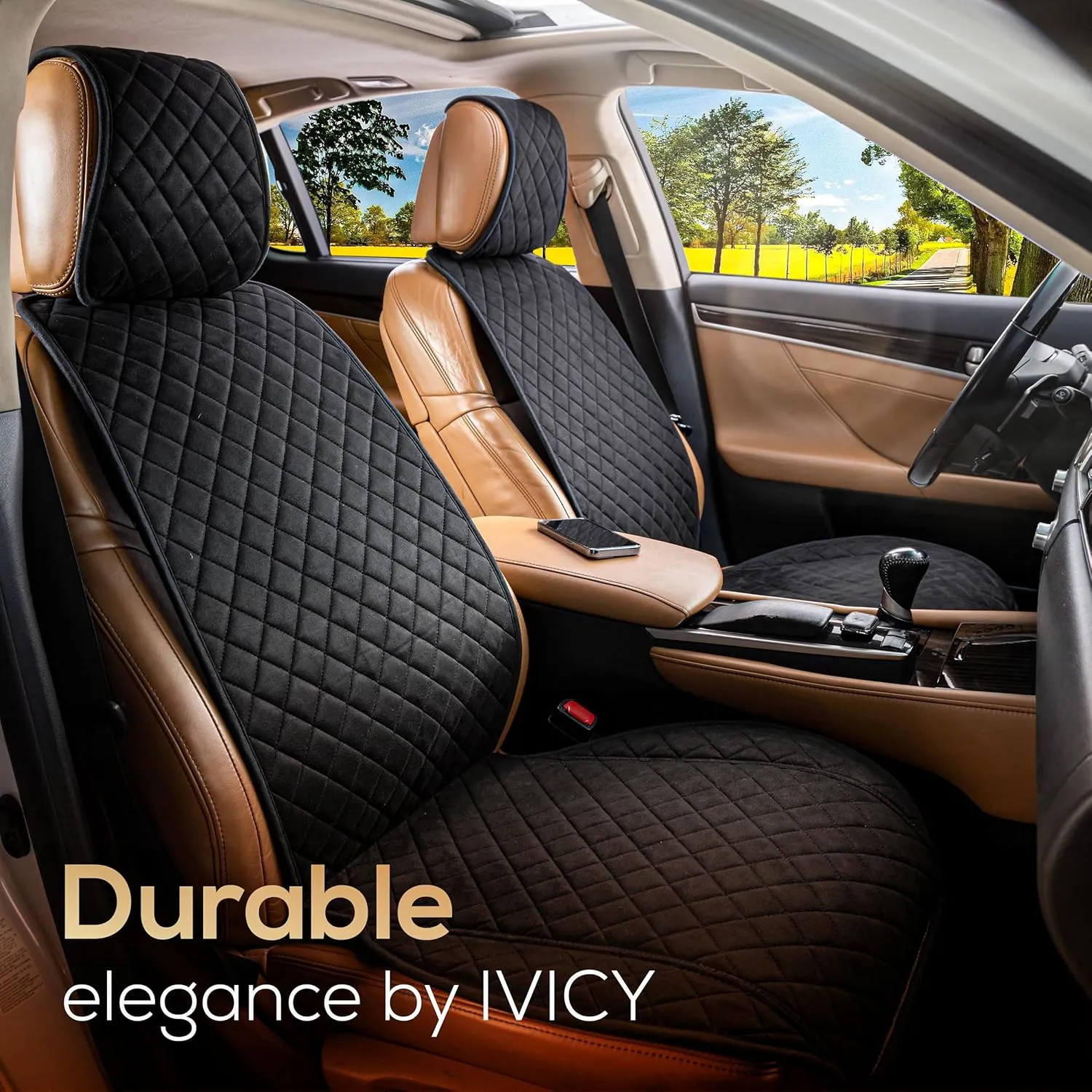 IVICY Suede Car Seat Cover for Cars - Non-Slip Soft & Breathable - Front Car Seat Protector Covers Universal Fits Most Automotive, Vans, SUVs, Trucks - 1 Unit - Black