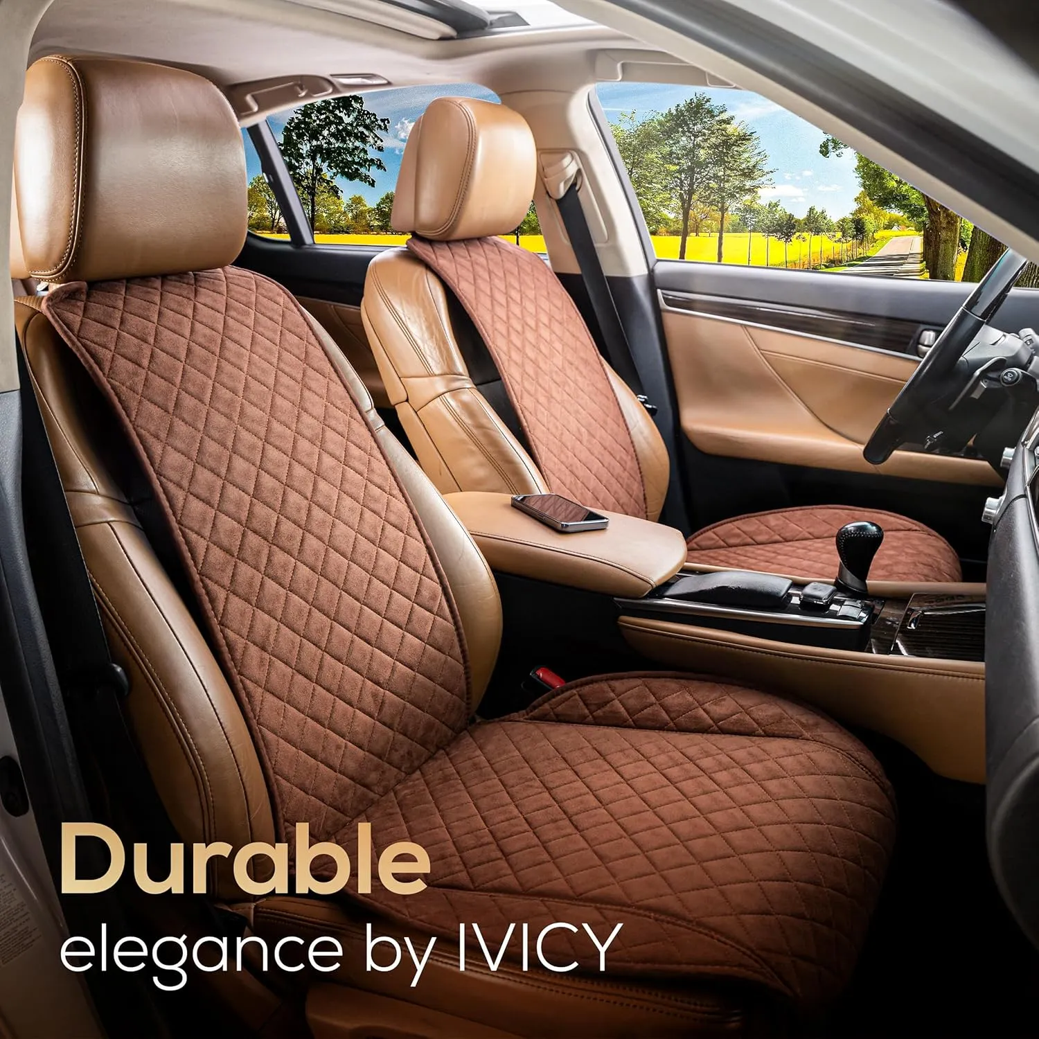 IVICY Suede Car Seat Cover for Cars - Non-Slip Soft & Breathable - Front Car Seat Protector Covers Universal Fits Most Automotive, Vans, SUVs, Trucks - 1 Unit - Brown