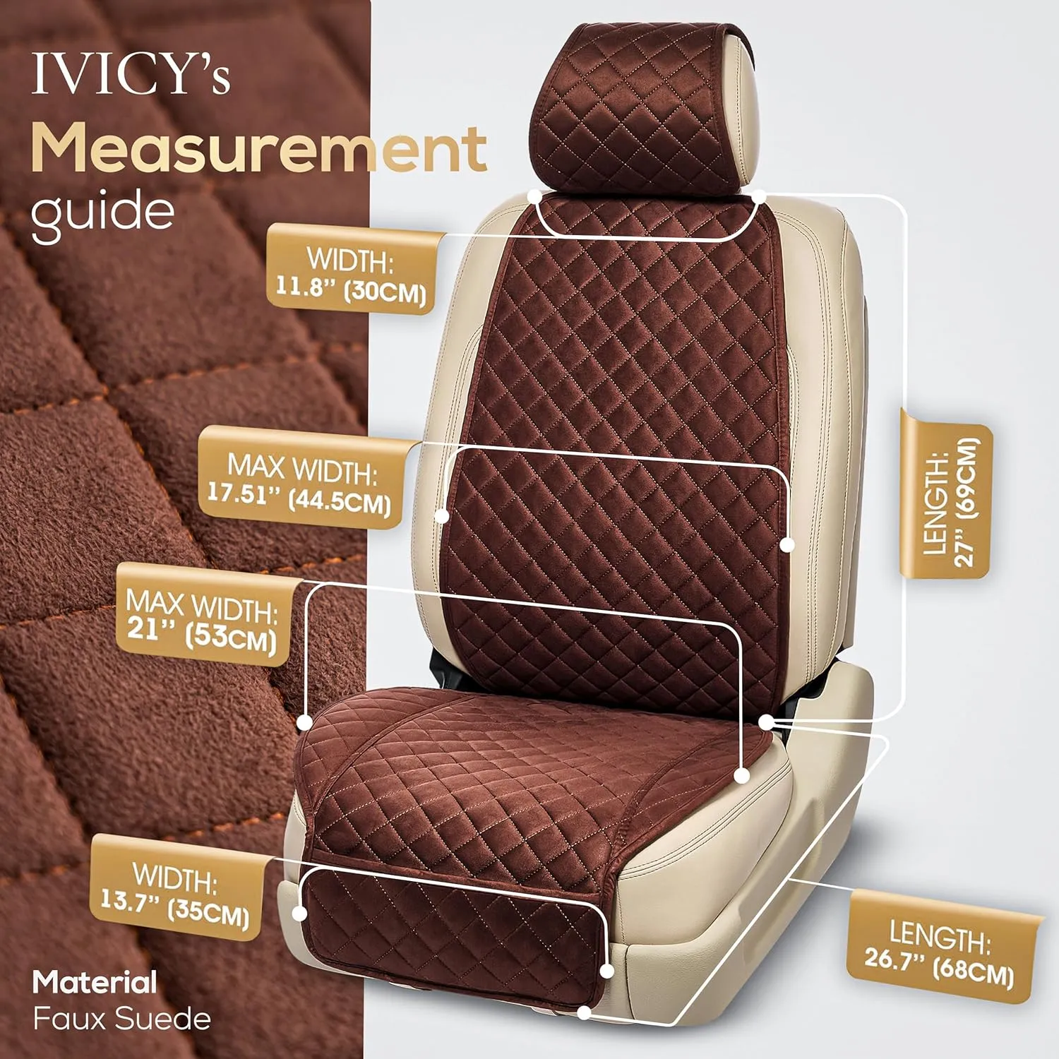 IVICY Suede Car Seat Cover for Cars - Non-Slip Soft & Breathable - Front Car Seat Protector Covers Universal Fits Most Automotive, Vans, SUVs, Trucks - 1 Unit - Brown