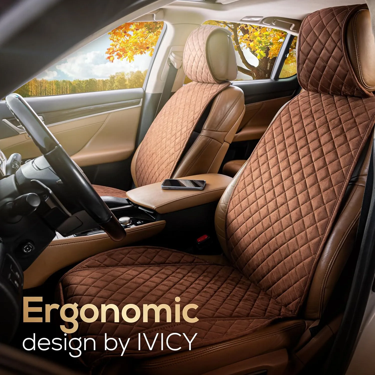 IVICY Suede Car Seat Cover for Cars - Non-Slip Soft & Breathable - Front Car Seat Protector Covers Universal Fits Most Automotive, Vans, SUVs, Trucks - 1 Unit - Brown