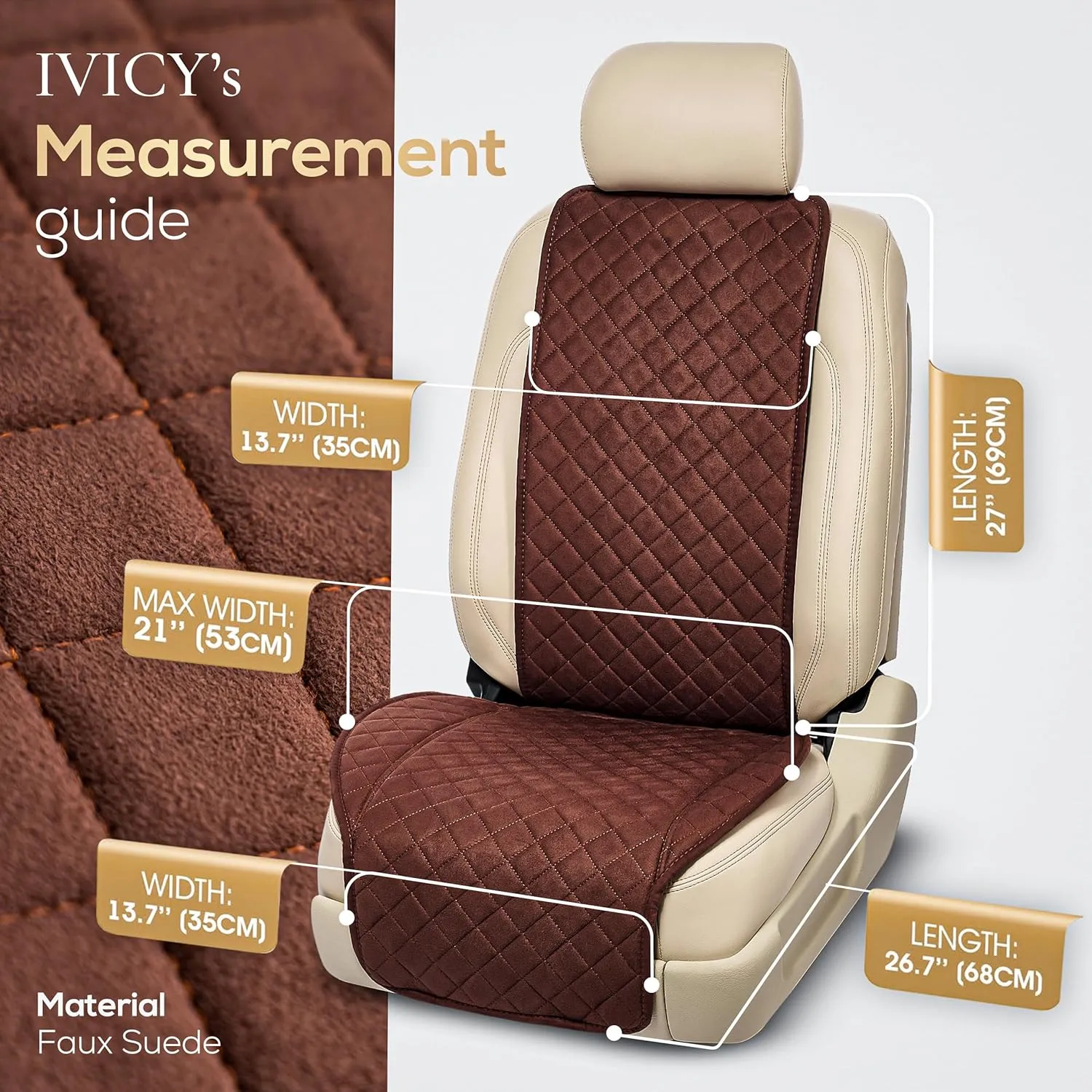 IVICY Suede Car Seat Cover for Cars - Non-Slip Soft & Breathable - Front Car Seat Protector Covers Universal Fits Most Automotive, Vans, SUVs, Trucks - 1 Unit - Brown