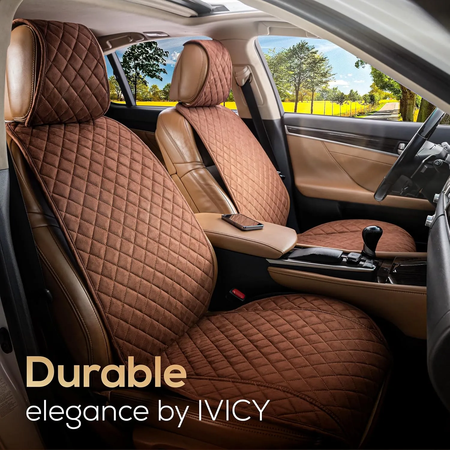 IVICY Suede Car Seat Cover for Cars - Non-Slip Soft & Breathable - Front Car Seat Protector Covers Universal Fits Most Automotive, Vans, SUVs, Trucks - 1 Unit - Brown