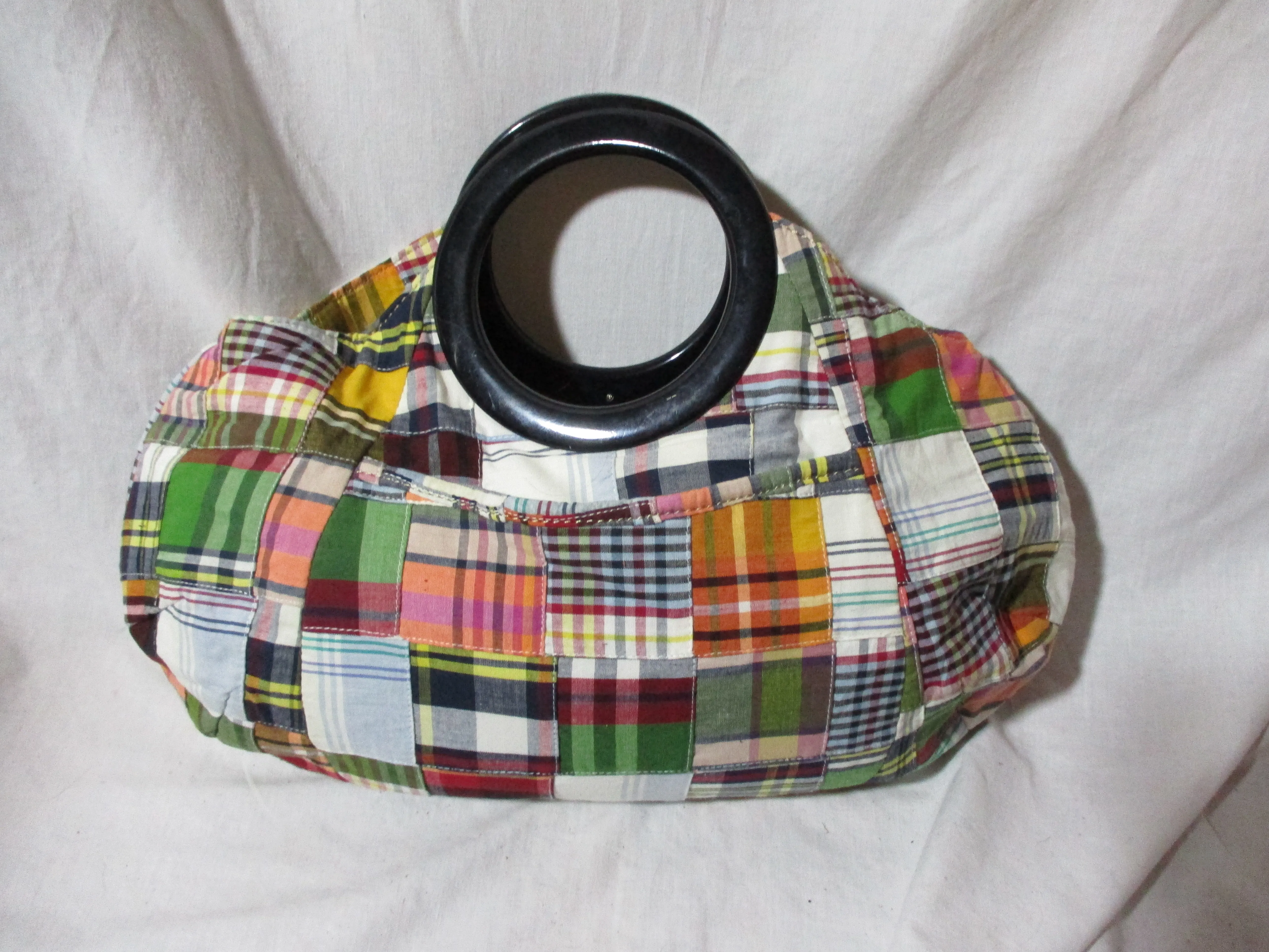 J. CREW PLAID MADRAS hoop loop hobo satchel clutch knitting bag baguette