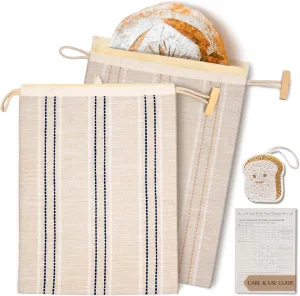 JACYAO'S Beeswax Bread Bags for Sourdough (2 Pack), Reusable Bread Bags with Removable Beeswax Lining, Cute Cleaning Sponge and Friendly Guide for Beginner, Food Storage Bag for Sourdough