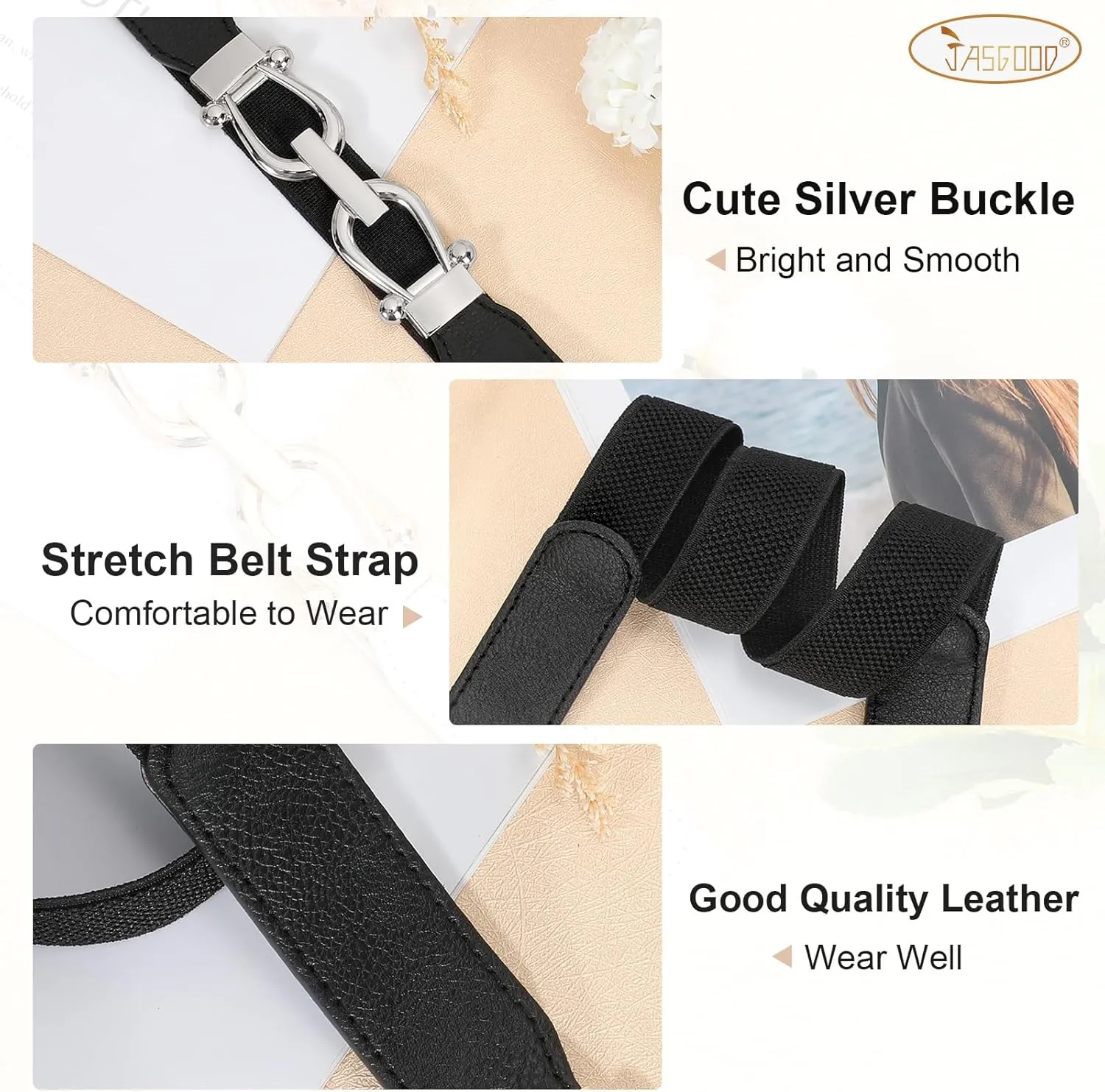 JASGOOD Women Stretchy Waist Belt Retro Elastic Skinny Belt for Ladies with Gold Buckle