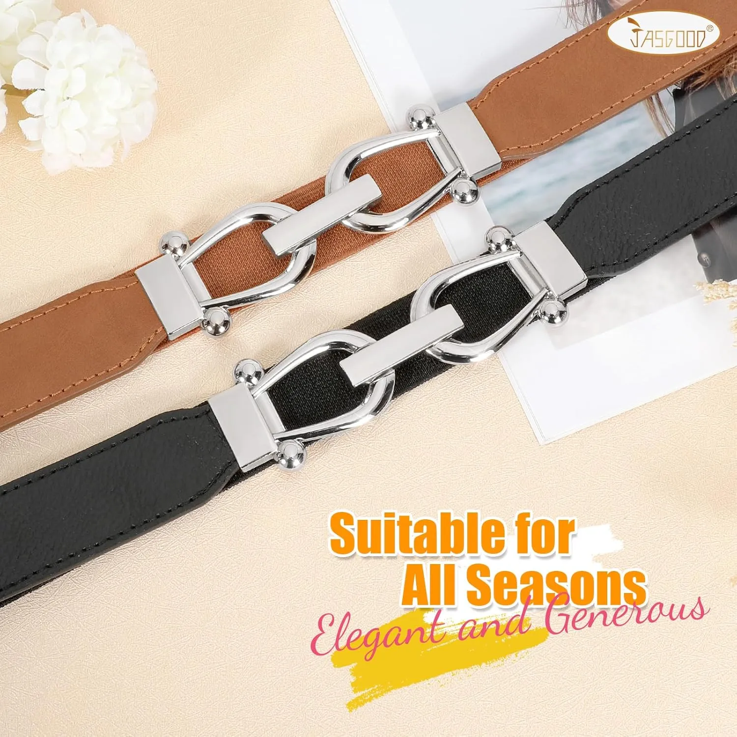 JASGOOD Women Stretchy Waist Belt Retro Elastic Skinny Belt for Ladies with Gold Buckle