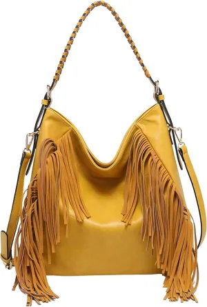 JEN & CO. Sav Distressed Hobo with Fringe Detail, Vegan Leather Crossbody Handbag Purse
