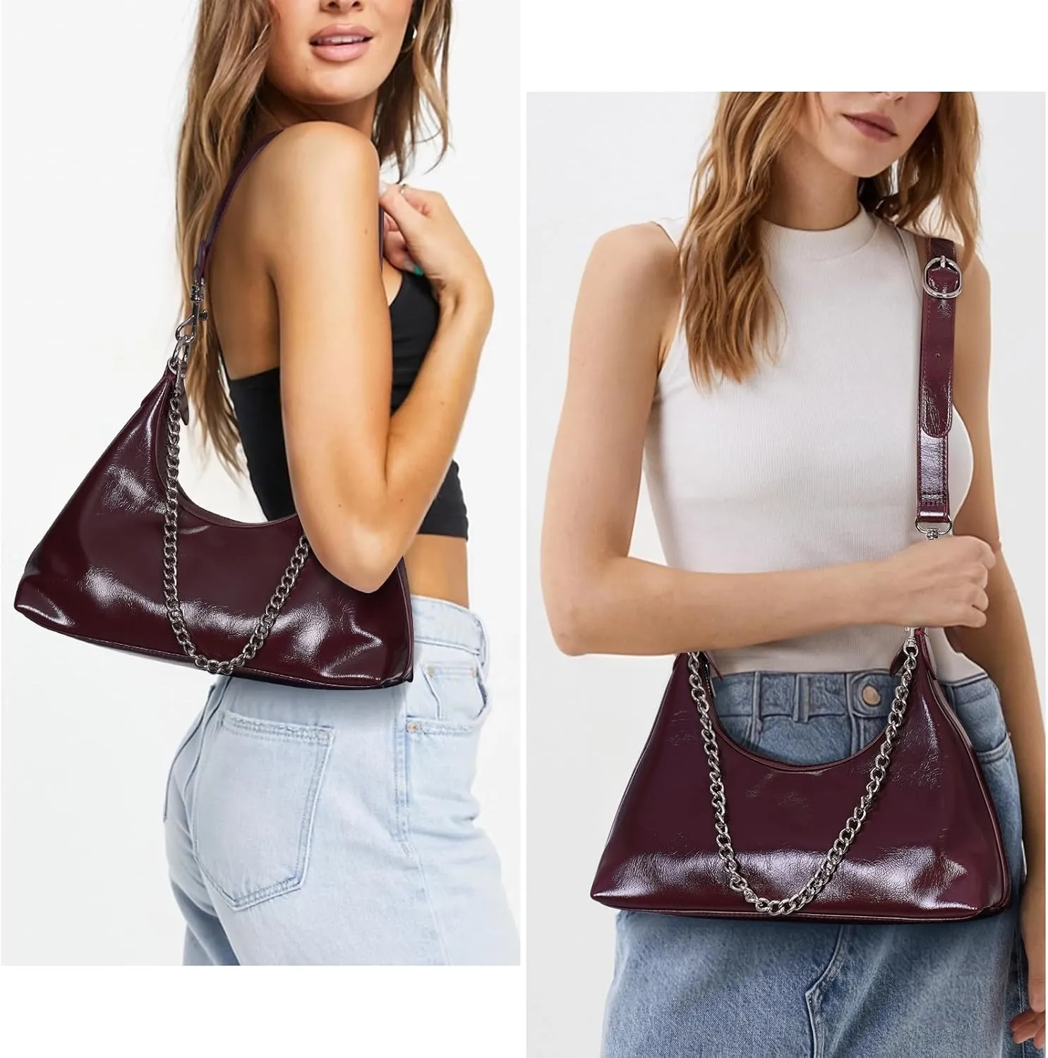 JQWSVE Crescent Shoulder Bags for Women Glossy Leather Hobo Handbag Trendy Crossbody Bag with Adjustable Strap