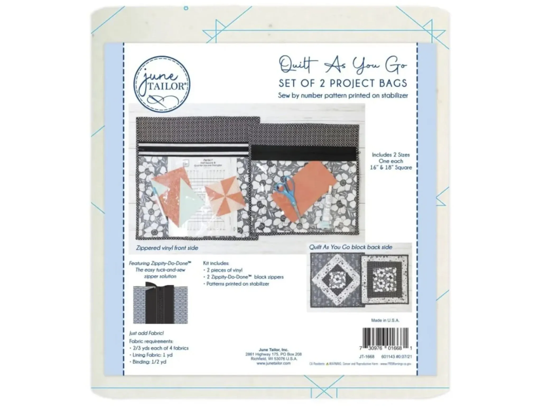 June Tailor Quilt As You Go Zipper Project Bags Set of 2-Black
