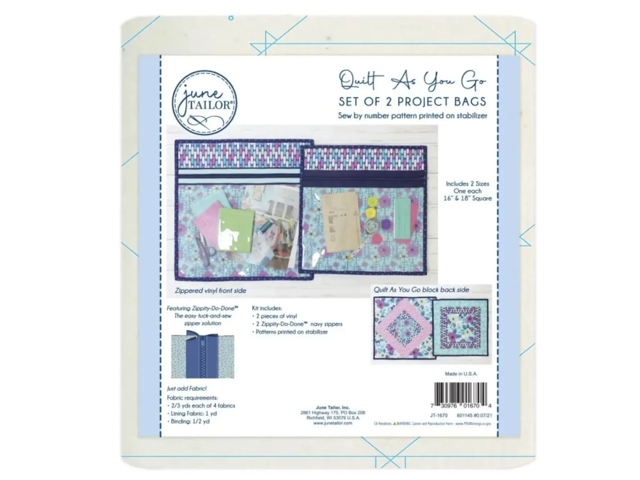June Tailor Quilt As You Go Zipper Project Bags Set of 2-Navy