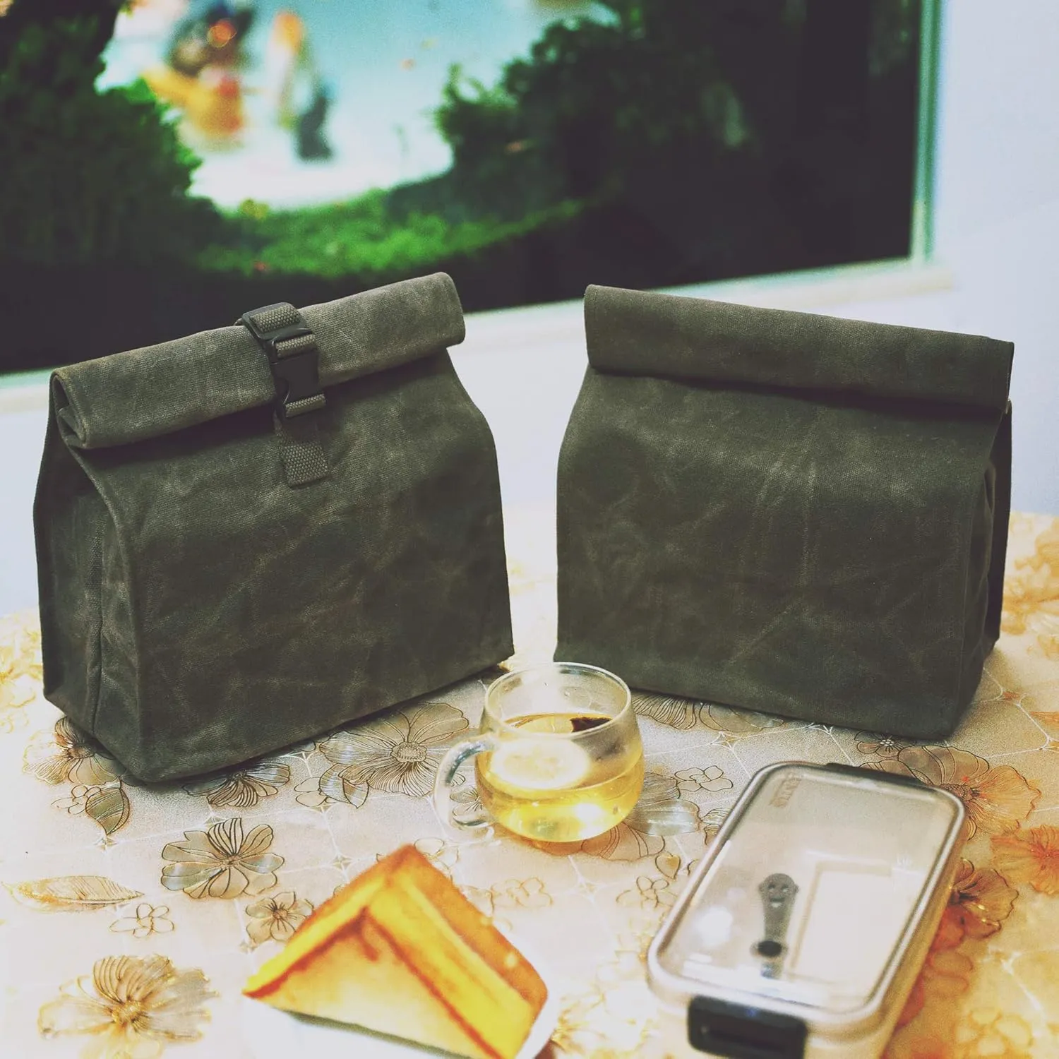 Kaaltisy Waxed Canvas Lunch Bags Heavy Duty Lunch Box Eco-friendly Reusable Lunch Sack with Hook and Loop Closure, Green, Hard Handfeel