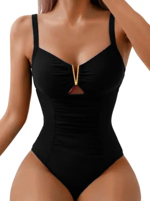 Kaei&Shi One Piece Swimsuit Women Tummy Control,Metal Piece V Wire Bathing Suit,Ruched Corset Cheeky Swimsuits Beach Pool