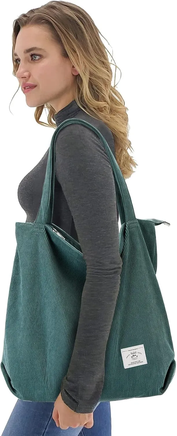 KALIDI Women Corduroy Tote Bag Zipper Casual Tote's Handbag Big Capacity Shoulder Bag with Pockets