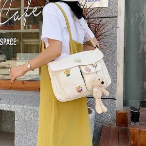 Kawaii Crossbody Bag Messenger Cute Bag with Pendant for Women Casual Shoulder Aesthetic Canvas Bag