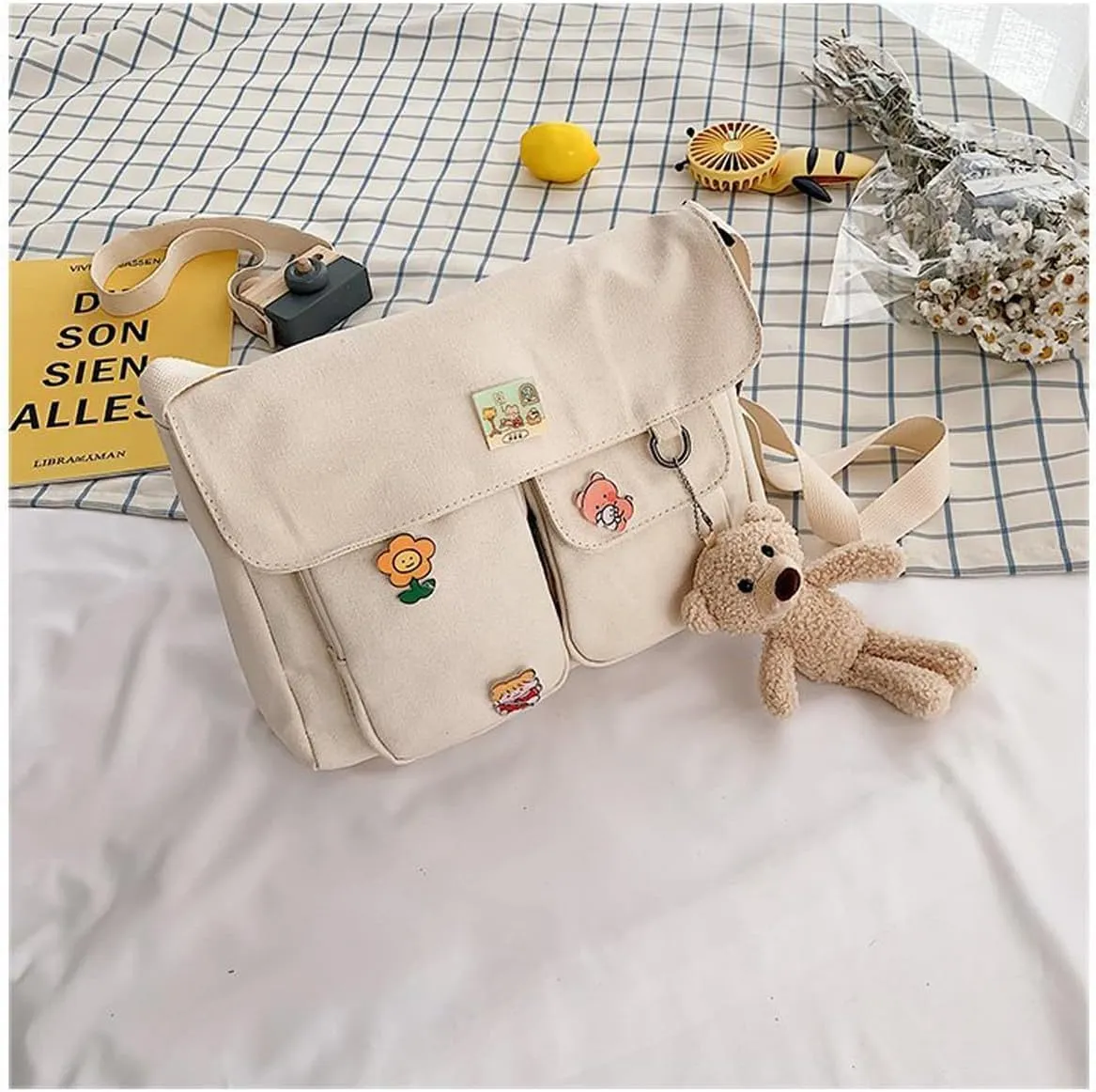 Kawaii Crossbody Bag Messenger Cute Bag with Pendant for Women Casual Shoulder Aesthetic Canvas Bag
