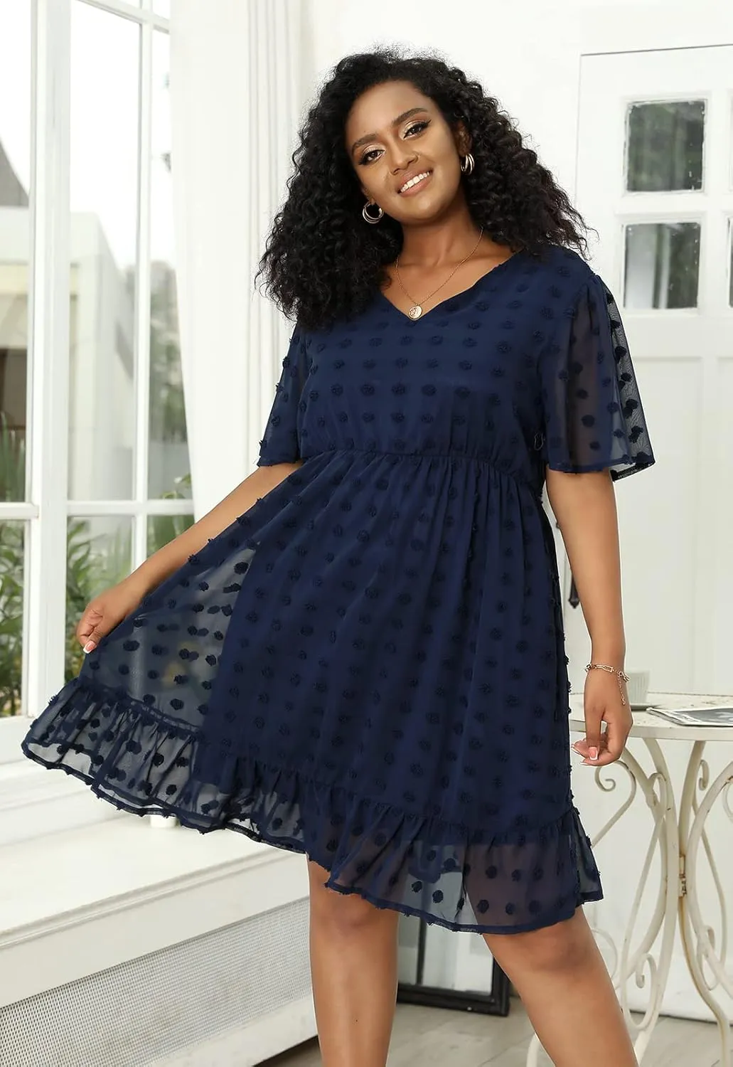 Keluummi Plus Size Wedding Guest Casual Midi Dresses for Curvy Women, Summer Swiss Dot A Line Dress