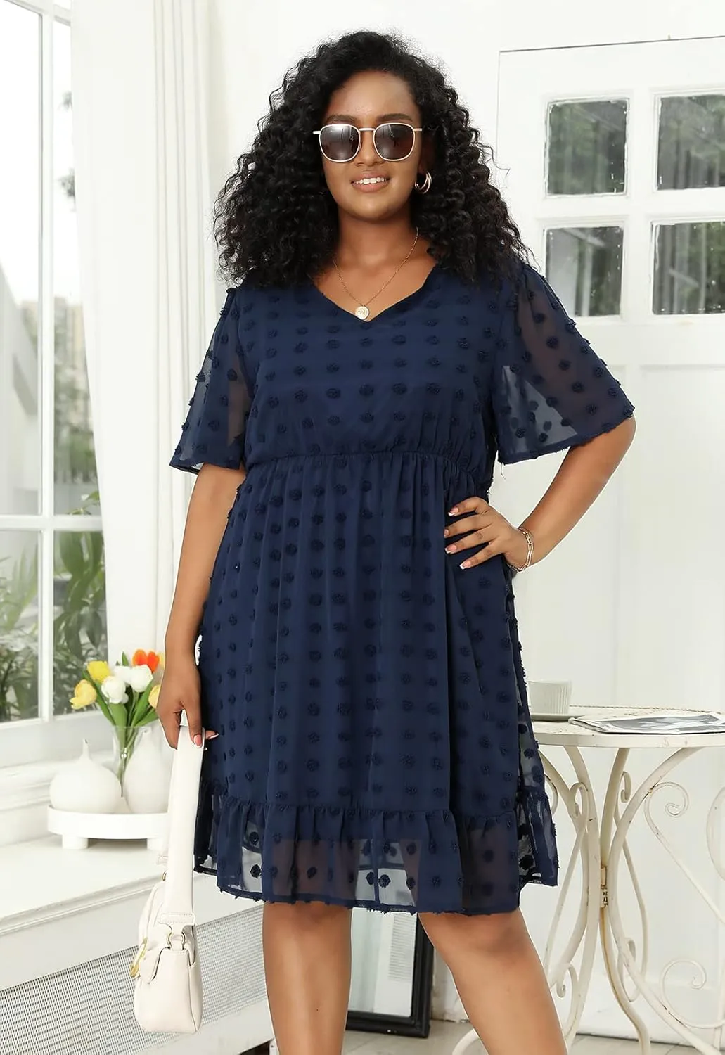 Keluummi Plus Size Wedding Guest Casual Midi Dresses for Curvy Women, Summer Swiss Dot A Line Dress