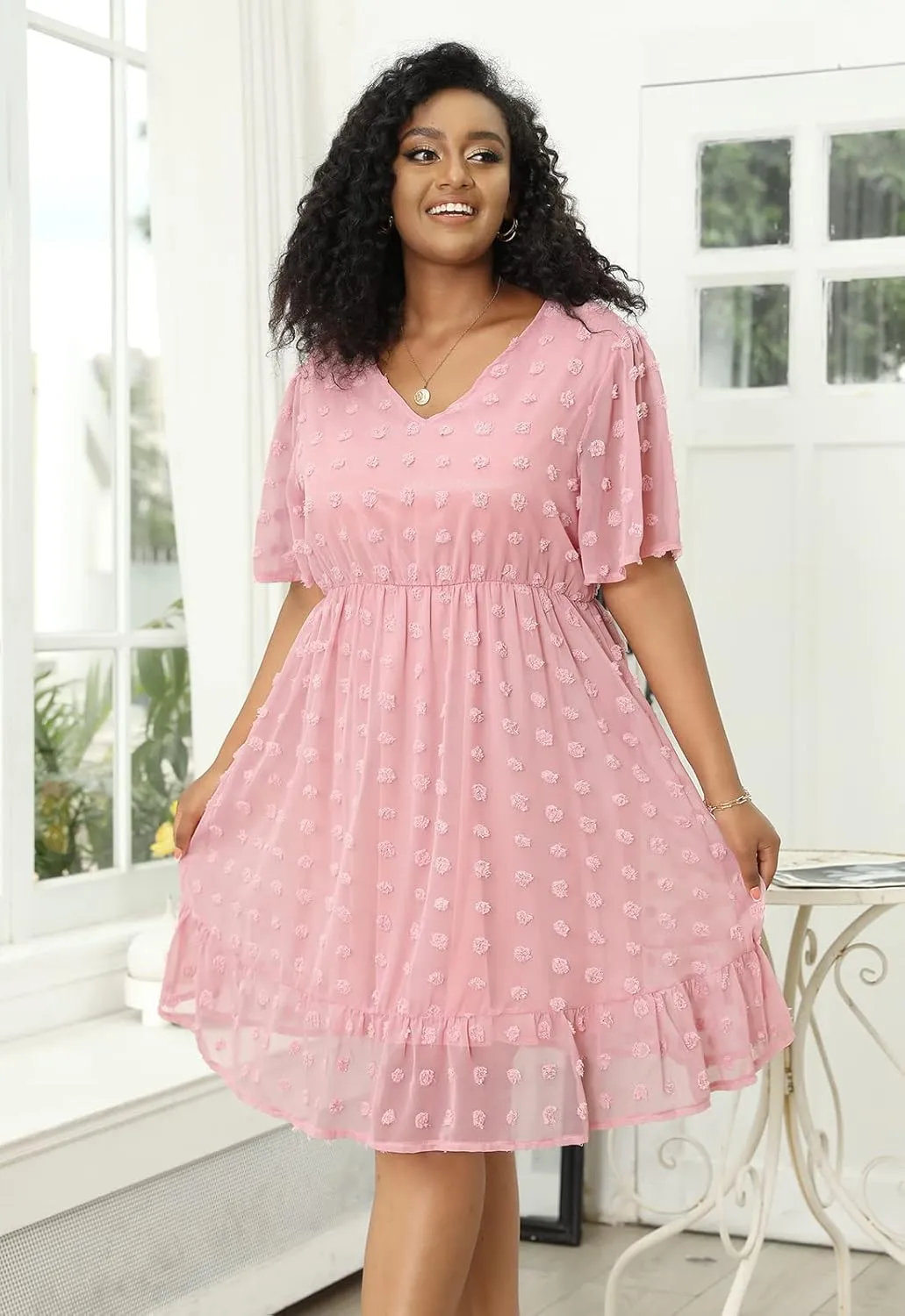 Keluummi Plus Size Wedding Guest Casual Midi Dresses for Curvy Women, Summer Swiss Dot A Line Dress
