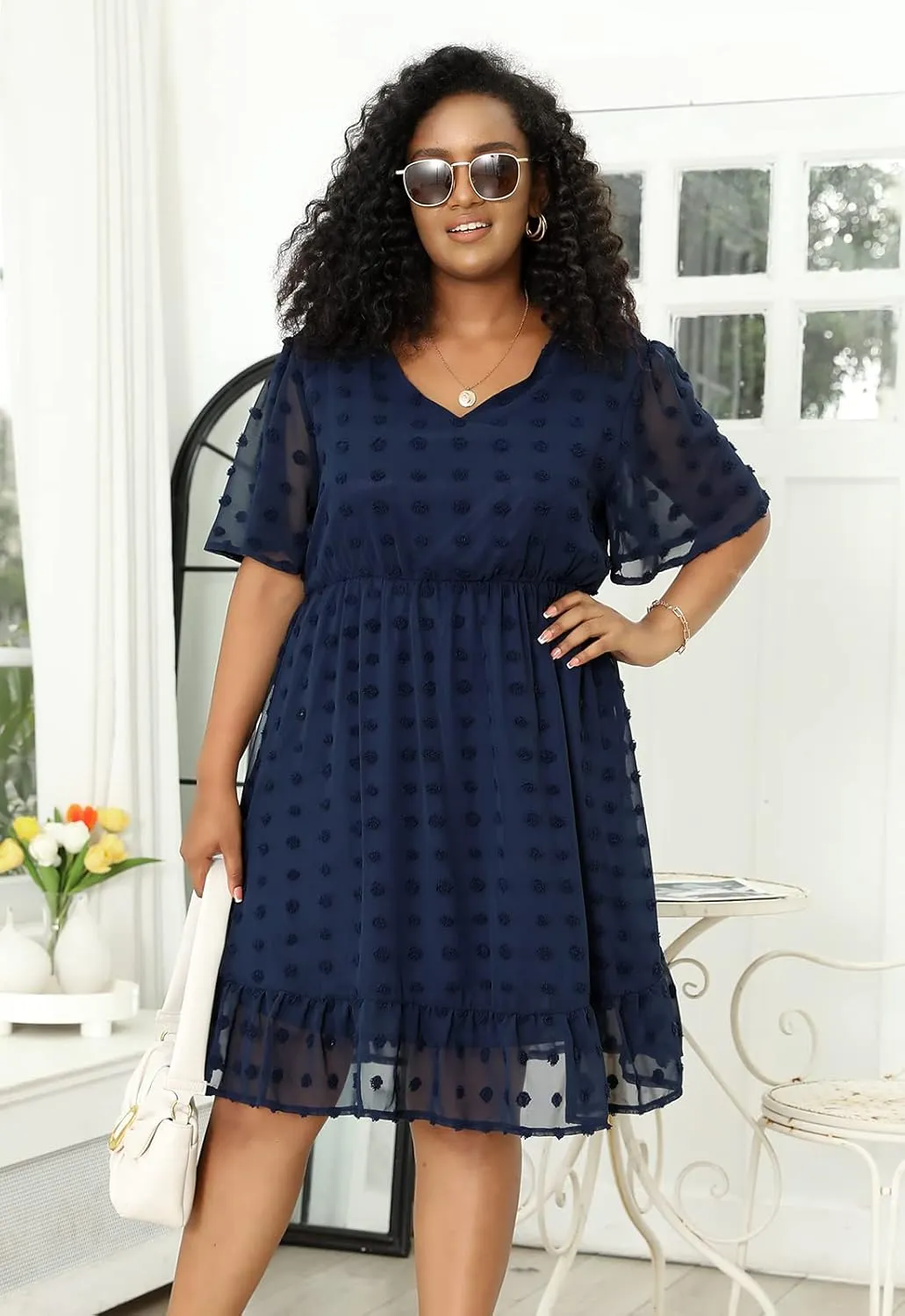 Keluummi Plus Size Wedding Guest Casual Midi Dresses for Curvy Women, Summer Swiss Dot A Line Dress