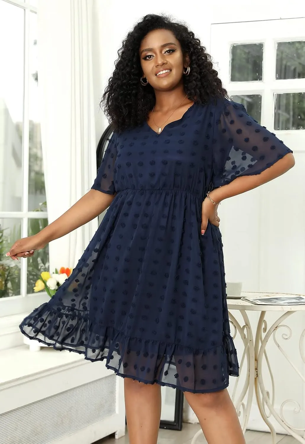 Keluummi Plus Size Wedding Guest Casual Midi Dresses for Curvy Women, Summer Swiss Dot A Line Dress