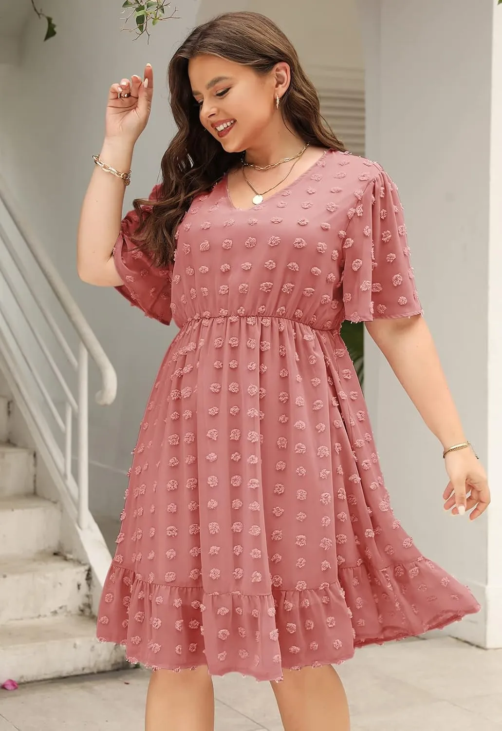 Keluummi Plus Size Wedding Guest Casual Midi Dresses for Curvy Women, Summer Swiss Dot A Line Dress