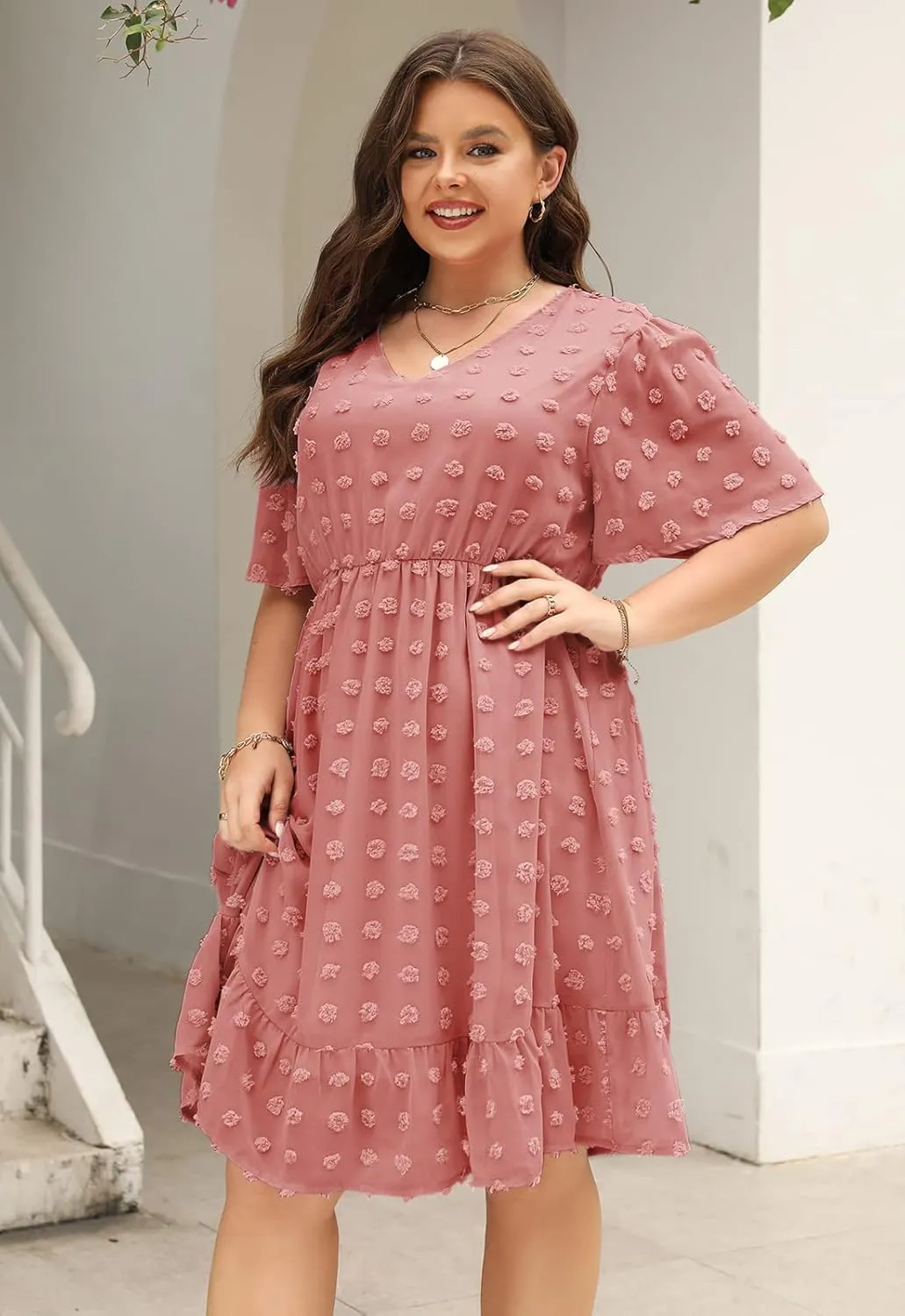 Keluummi Plus Size Wedding Guest Casual Midi Dresses for Curvy Women, Summer Swiss Dot A Line Dress
