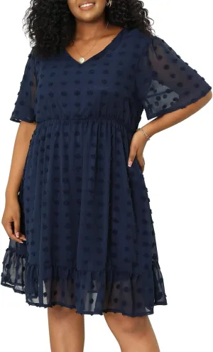 Keluummi Plus Size Wedding Guest Casual Midi Dresses for Curvy Women, Summer Swiss Dot A Line Dress