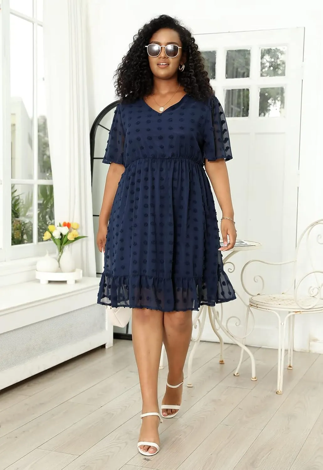 Keluummi Plus Size Wedding Guest Casual Midi Dresses for Curvy Women, Summer Swiss Dot A Line Dress