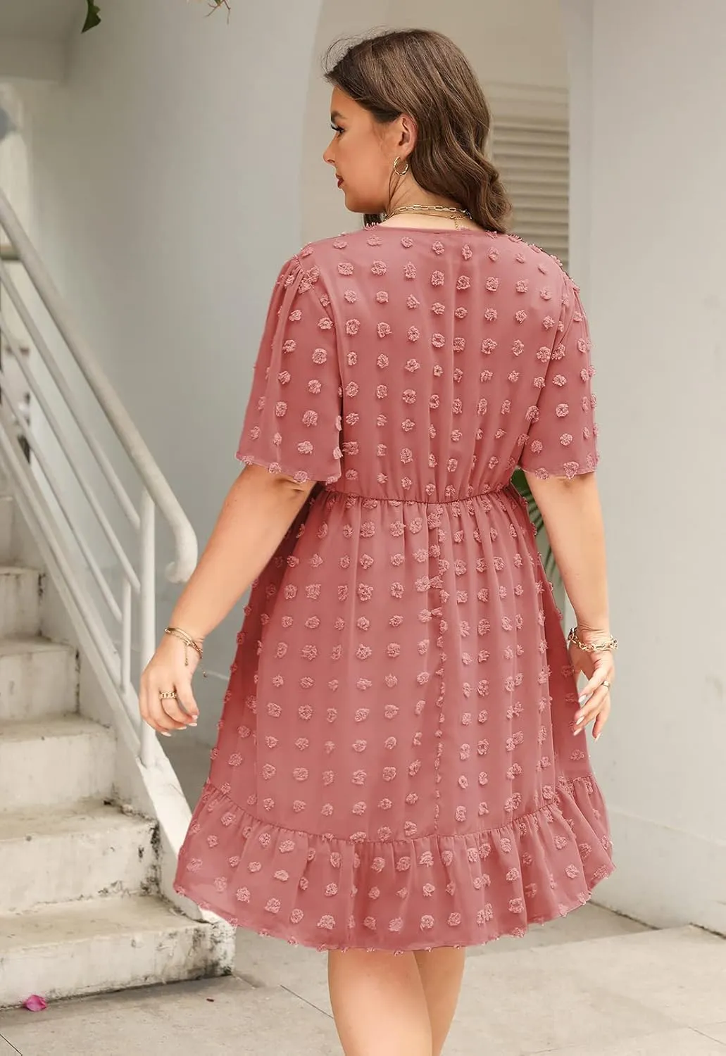 Keluummi Plus Size Wedding Guest Casual Midi Dresses for Curvy Women, Summer Swiss Dot A Line Dress