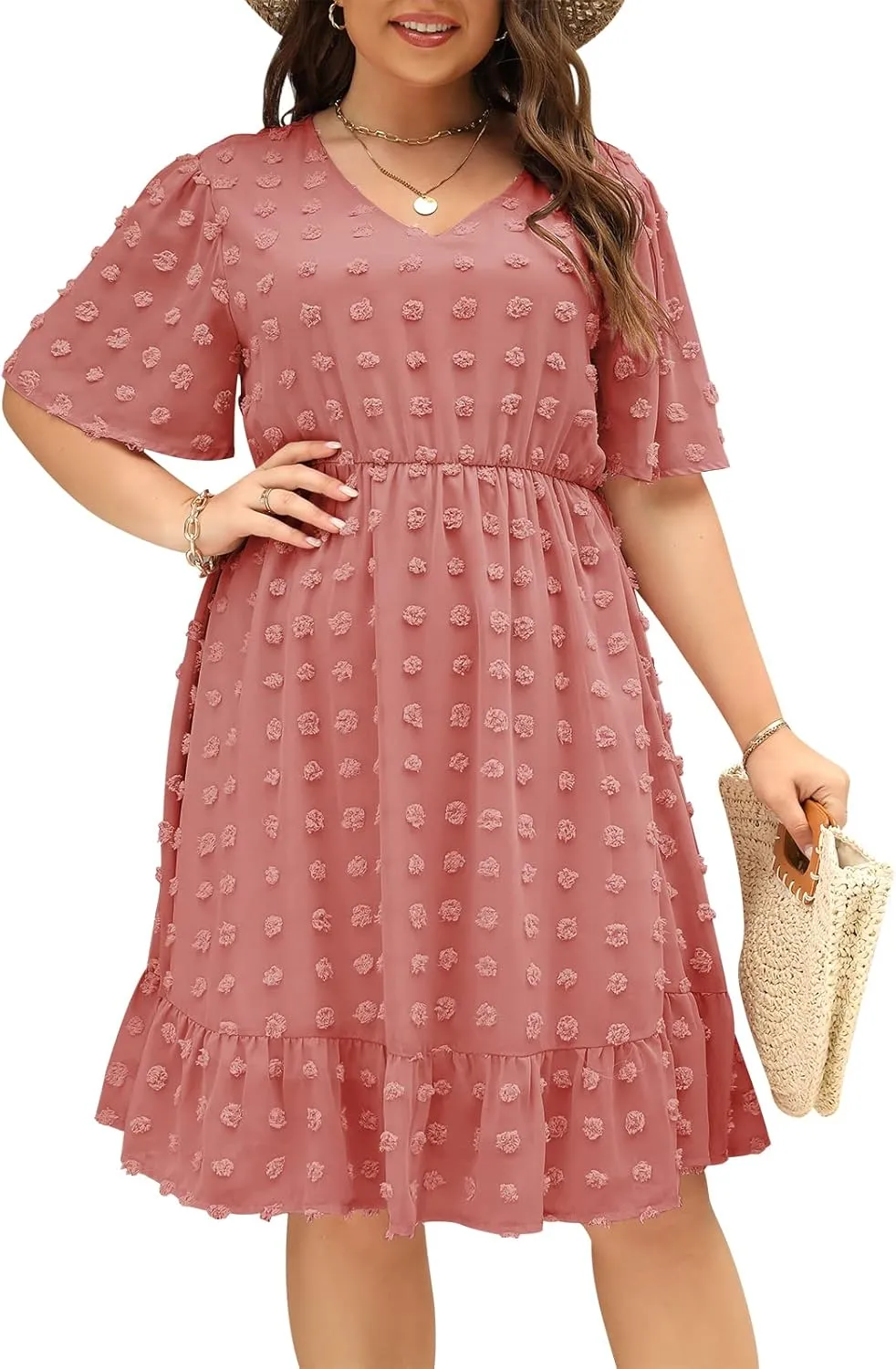 Keluummi Plus Size Wedding Guest Casual Midi Dresses for Curvy Women, Summer Swiss Dot A Line Dress