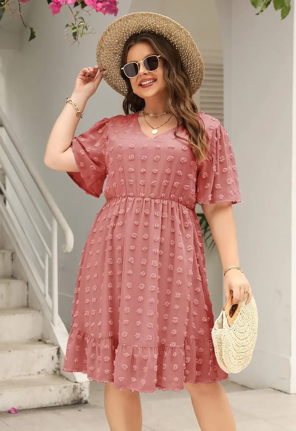 Keluummi Plus Size Wedding Guest Casual Midi Dresses for Curvy Women, Summer Swiss Dot A Line Dress