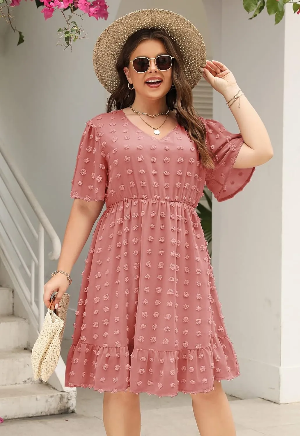 Keluummi Plus Size Wedding Guest Casual Midi Dresses for Curvy Women, Summer Swiss Dot A Line Dress