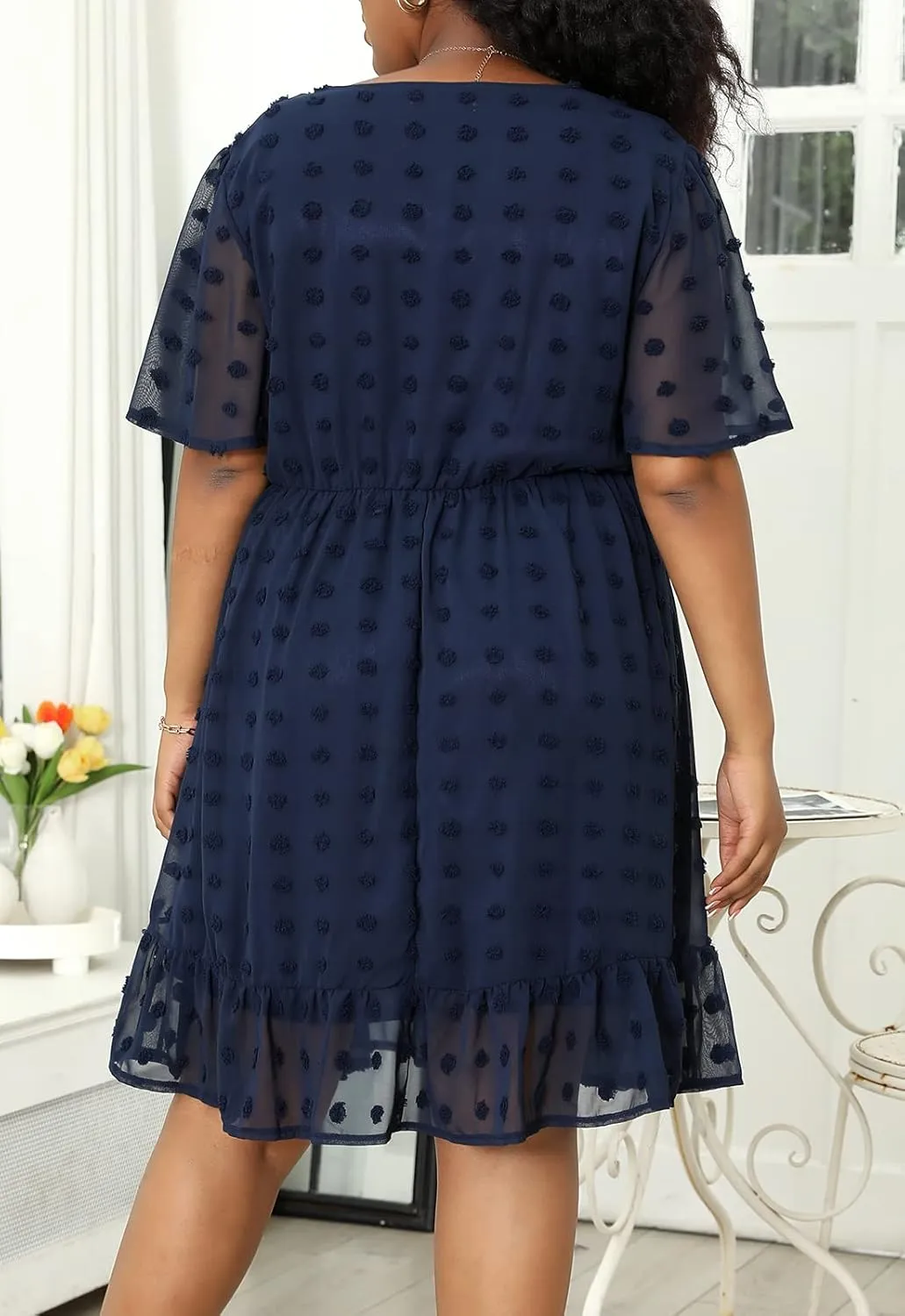 Keluummi Plus Size Wedding Guest Casual Midi Dresses for Curvy Women, Summer Swiss Dot A Line Dress