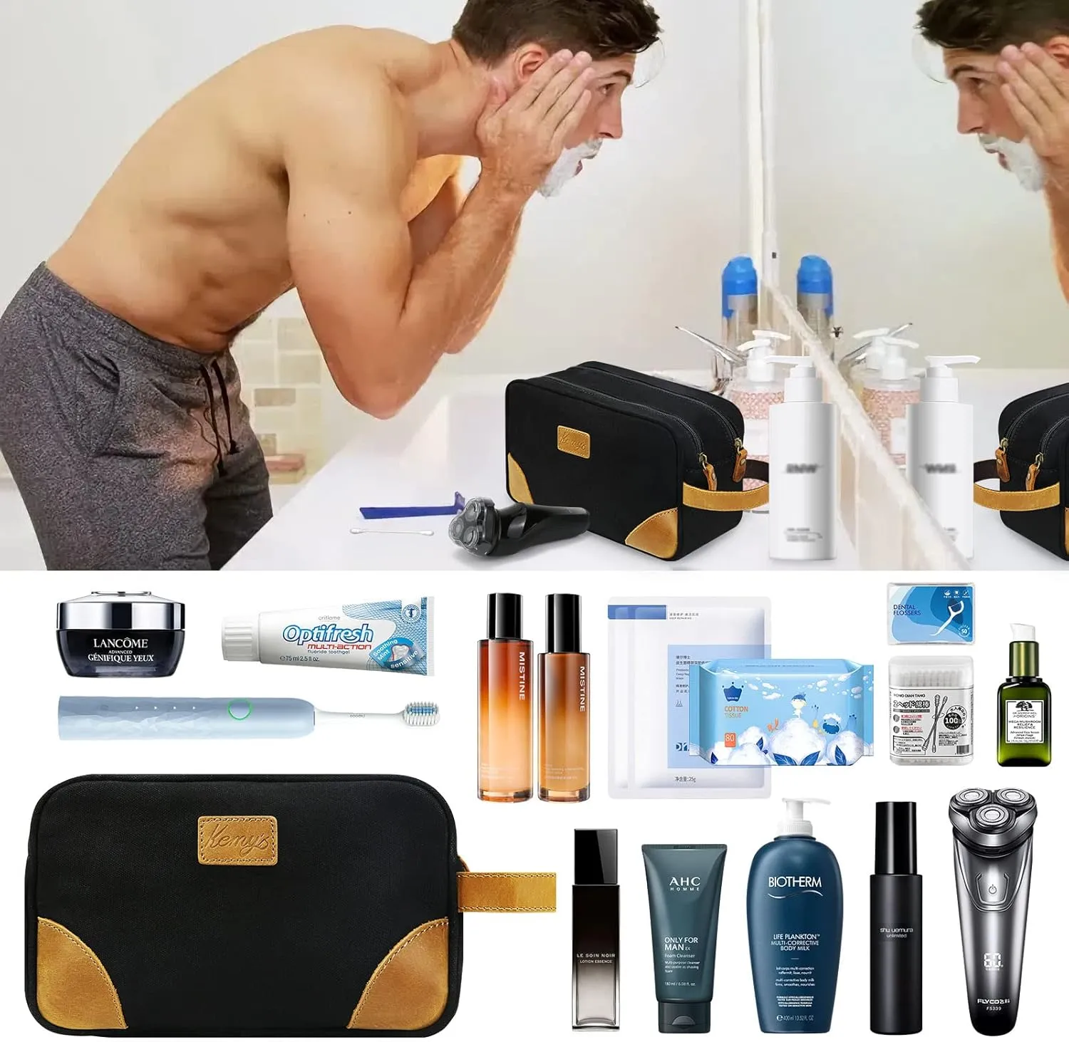 Kemy's Toiletry Bag for Men, Travel Toiletries Organizer Bags with Water Resistant Canvas Leather Dopp Kit Shaving Bag for Toiletries Accessories