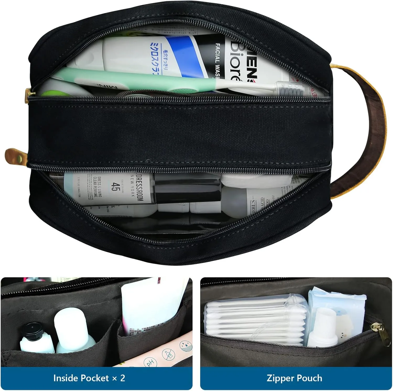 Kemy's Toiletry Bag for Men, Travel Toiletries Organizer Bags with Water Resistant Canvas Leather Dopp Kit Shaving Bag for Toiletries Accessories